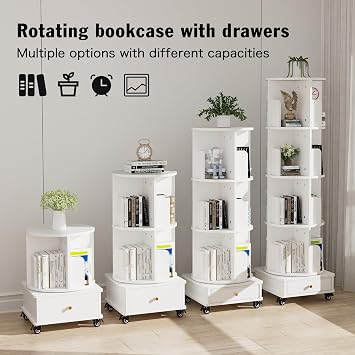 Rotating Bookcase Standing Shelf 360° Freely Rotatable Bookcase Living Room Bedroom 4-Layer Book Shelf with Fabric Drawer and Wheels Bookcase White 40 x 40 x 147 cm