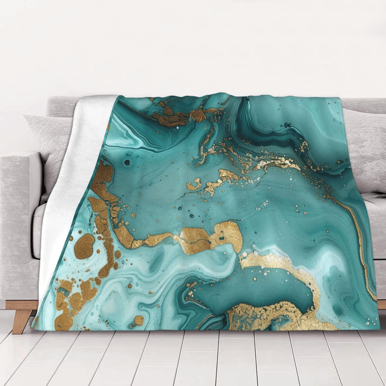 AUBKFELD teal and gold marble Printed Flannel Blanket 150x125 CM, Soft & Warm Throw Blanket for Sofa/Couch/Bed/Car, Gifts for Audlts Women Men