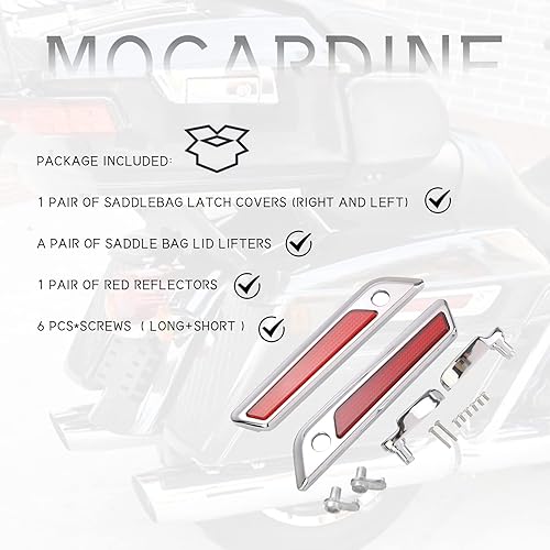 Miniatura 8 de Mocardine Cubiertas de cierre de alforja Harley, tapa exterior cromada, tapas de cierre de bisagra con elevadores de tapa de bolsa de alforja, kit
