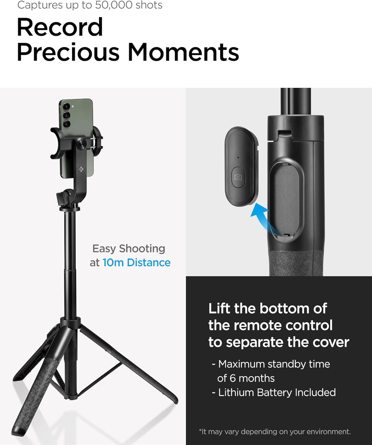 Image showing the wireless remote control and how to access its battery compartment by lifting the bottom cover. Text indicates 10m distance, 6 months standby, and lithium battery included.