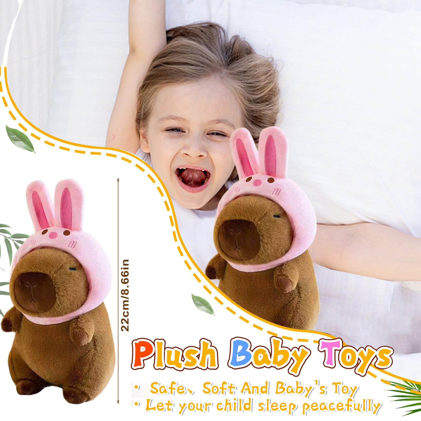 ZPSOSPZ Capybara Plush Toy, Capybara with Bunny Hat, Animal Stuffed Toy, Simulation Soft Toy, Pink & Beige Crossbody Bags, Cute Soft Stuffed Animal Gift For Kids Girls Boys, 25 cm - Image 3