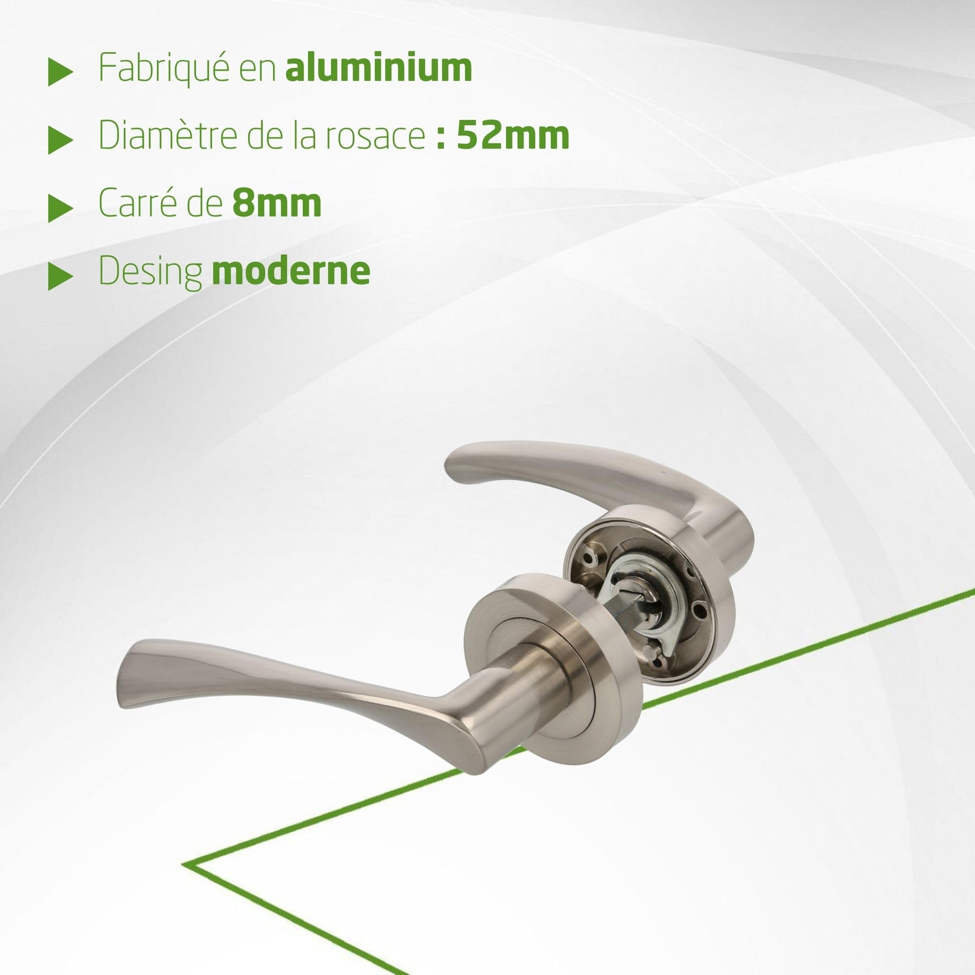 Amig - Lot de 4 poignées de porte avec rosace en Zamak Mod. ISHI RX, 52 mm, carré de 8 mm, design élégant et simple, aluminium nickel brossé