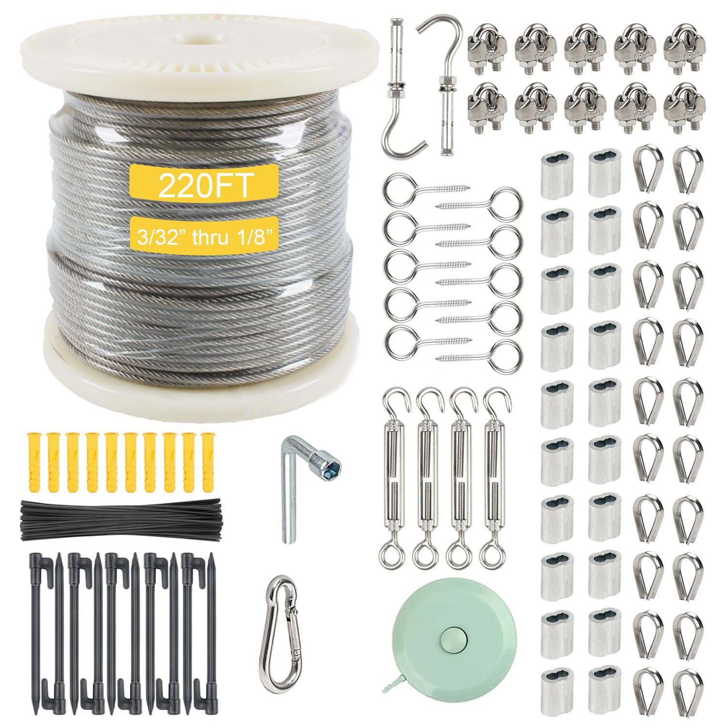 1/8" Wire Rope Kit,Steel Wire Cable,220FT Turnbuckles for Cables Wire,304 Stainless Steel Cable,M5 Turnbuckle Kit for Outdoor, Garden, Kitchen, Craft