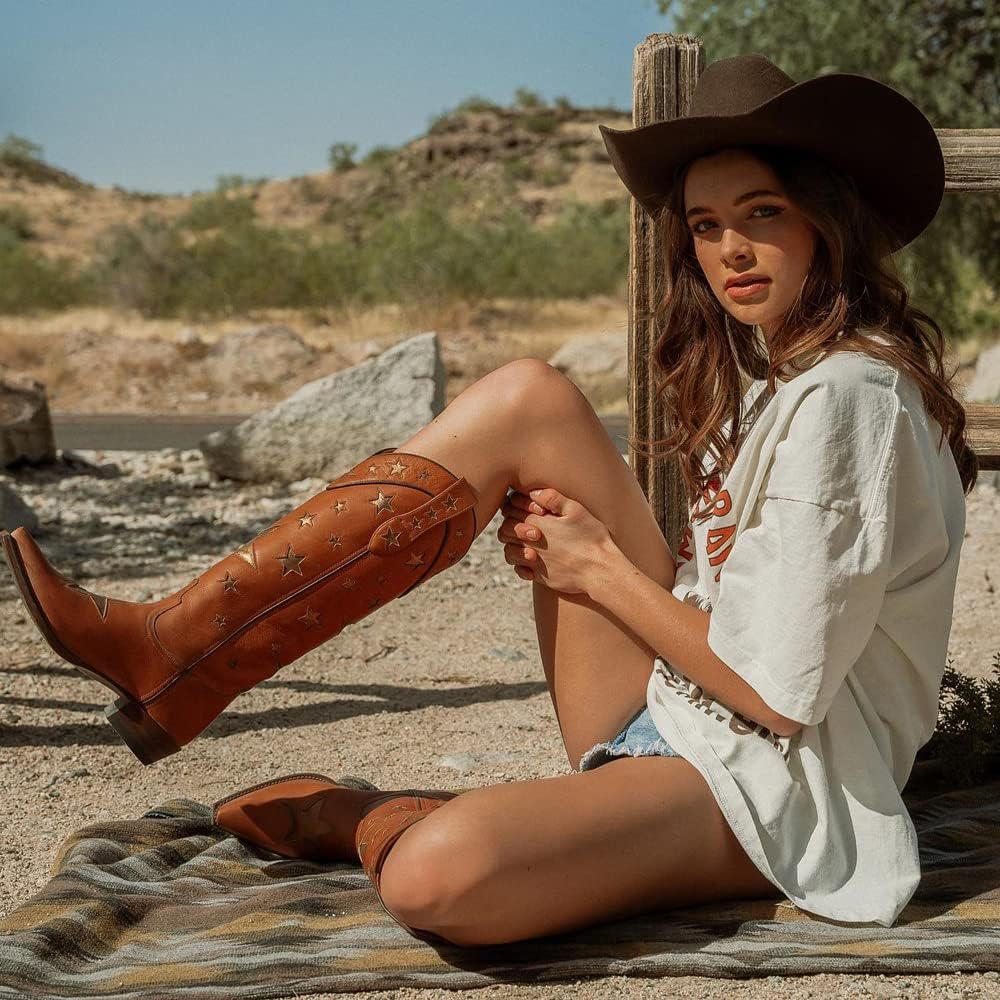 YIYA Women's Star Cowboy Boots Black and White Cowgirl Boots with White Stars Pointed Toe Chunky Low Heel Pull-On Wide Calf Western Embroidered Boots