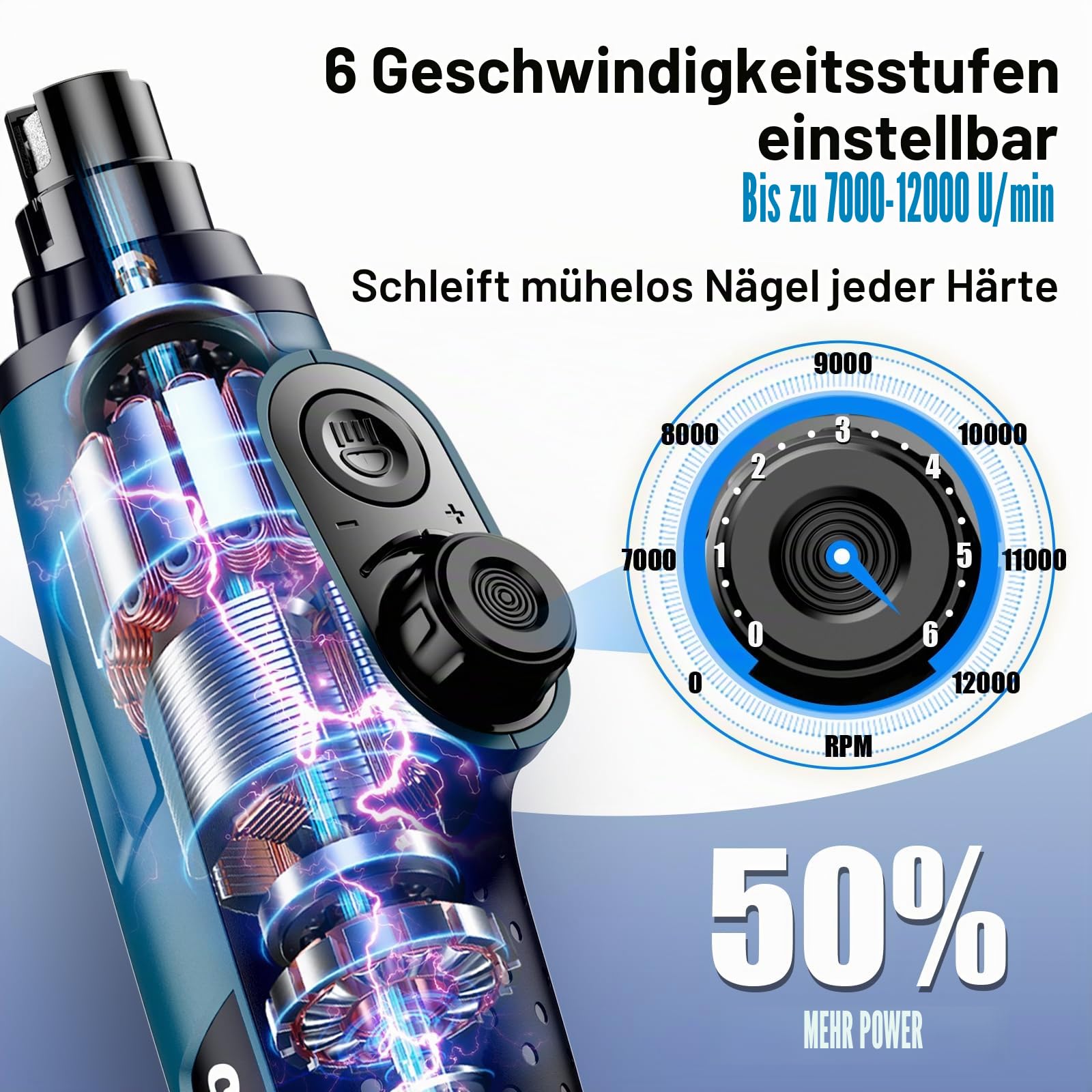 Casfuy Smarter Krallenschleifer für Hunde 6-Gang – 50% Mehr Leistung Krallenschleifer für Haustiere mit 2 LED-Leuchten, Superleise, Wiederaufladbare für Große, Mittelgroße und Kleine Hunde und Katzen