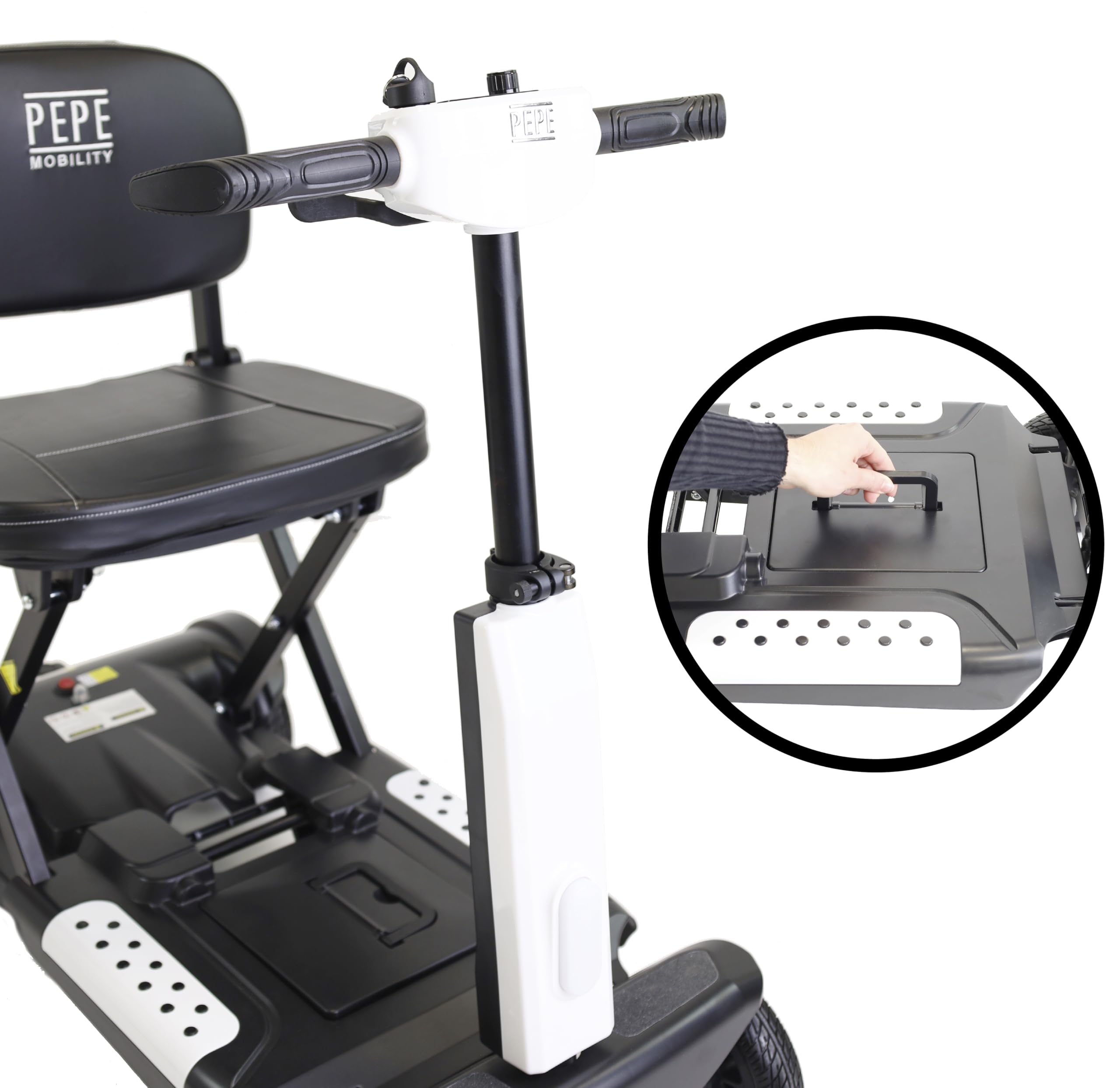 PEPE Mobility Scooter Eléctrico Plegable, Batería 10Ah, 4 Ruedas, Blanco | Autonomía de 10 a 15 km, Litio Extraíble de 24V con 2 Llaves, Manillar Regulable, Asiento Acolchado, Luz LED y Claxon