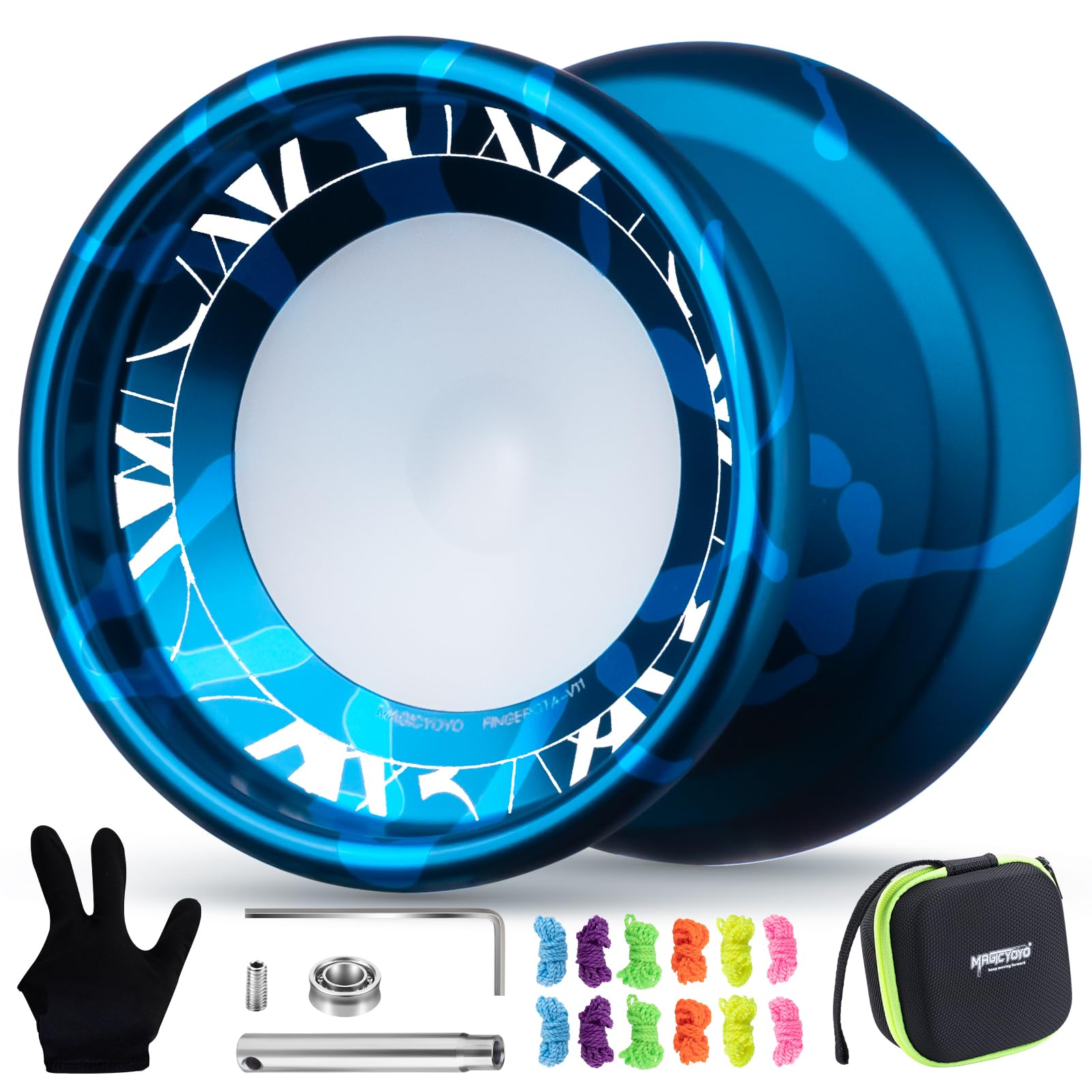 MAGICYOYO V11 FINGEROTA Professional Finger Spin Yoyo - Dual Purpose Trick Yoyo Responsive &Unresponsive Yo Yo for All Levels +Yo Yo Glove + 12 Replacement Strings +Storage Case (Dark & Light Blue)