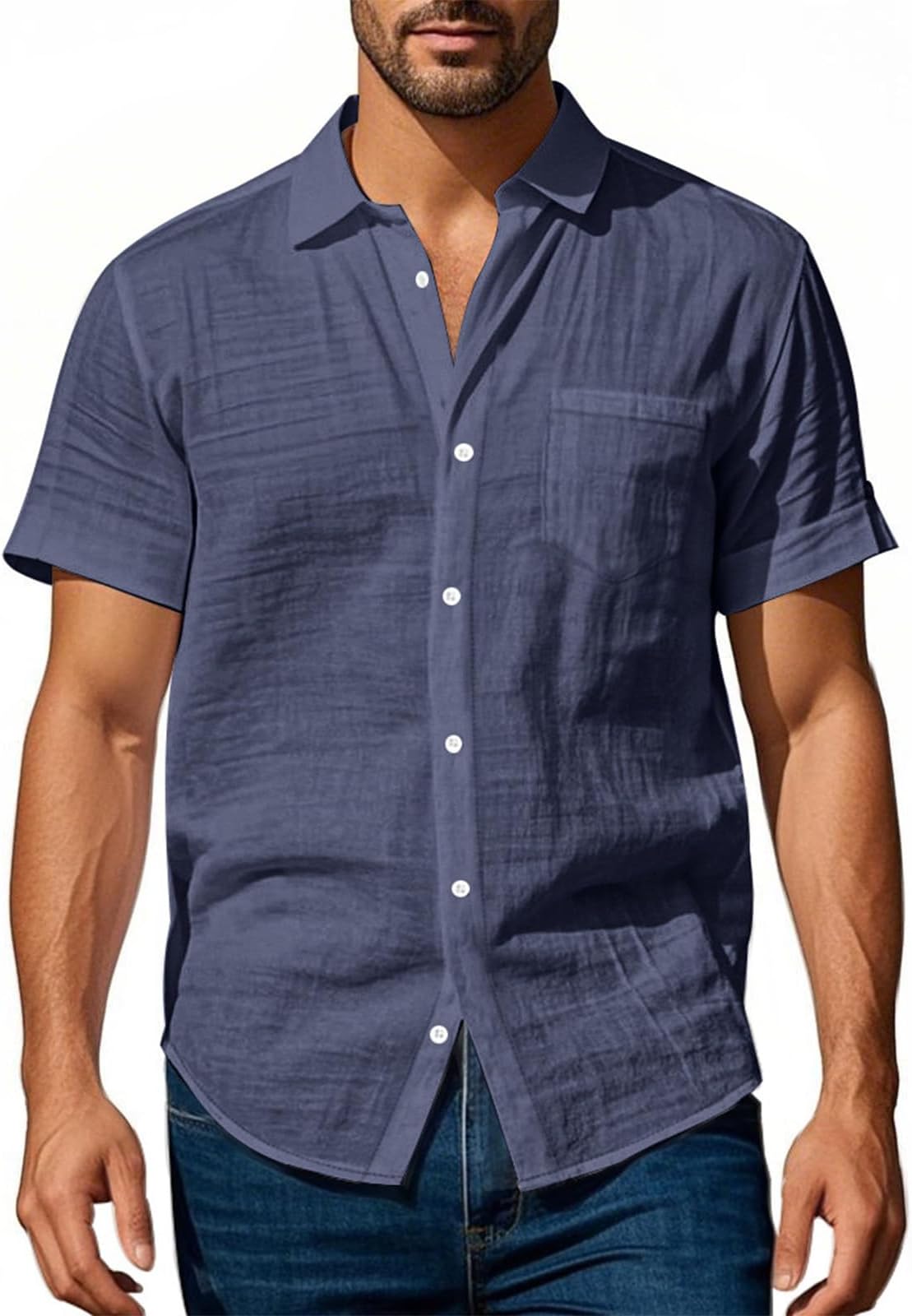 - Men's Linen Button Down Shirts Short Sleeve V Neck Solid Collar T-Shirt Fitted Casual Tops Summer Tees Formal Shirt