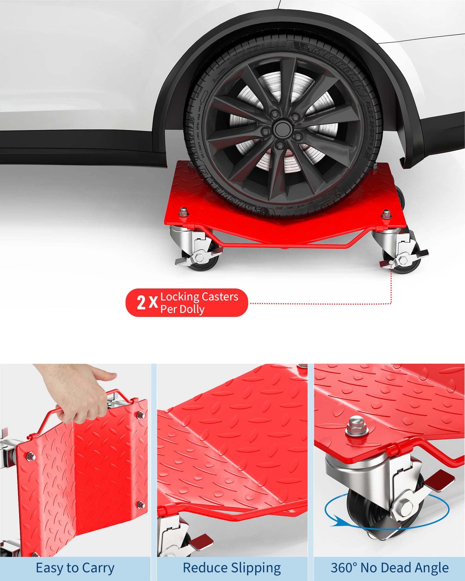 Garvee Carrello per ruote auto, capacità 1 kg, resistente, con freni, per traslochi di auto, camion, rimorchi e moto, rosso
