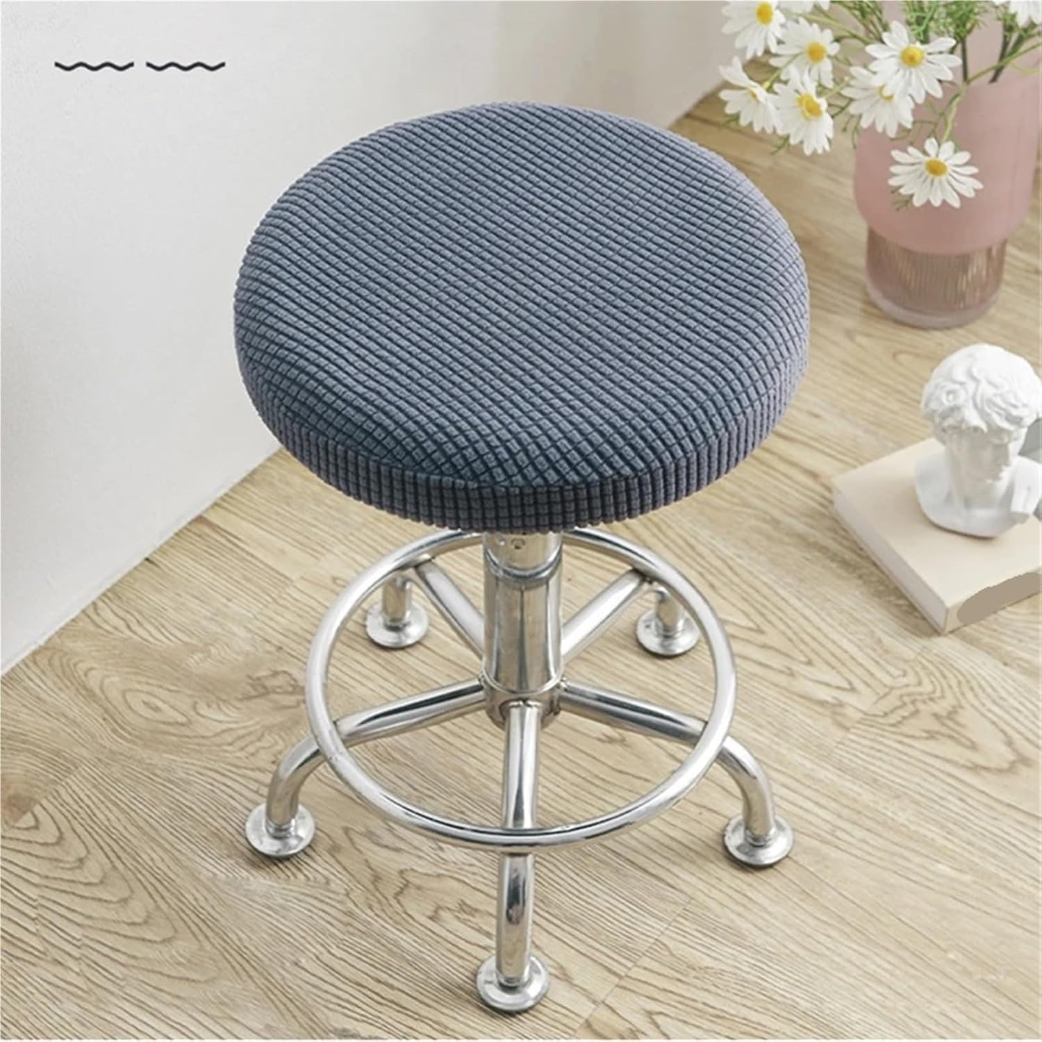 2Pcs Jacquard Chair Covers Slipcover Soft Elastic Round Bar Stool Seat Protector Home Office Decor Cover for Stool(Black)
