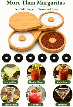 Margarita Salt Rimmer Set, Bamboo Cocktail Rimmer for Home Bars and Parties | Includes Lid, 6 Sponges and 3-Tier Swing-Out Trays for Salt, Sugar and Spices, Ideal for Margaritas, Mocktails and Shots