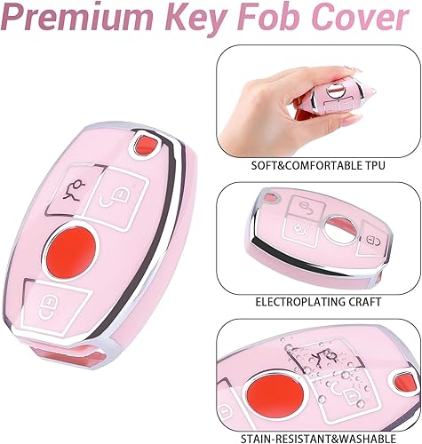 Miniatura 5 de Funda para llavero con cordón brillante, compatible con CLS CLK AMG CLK GLC GLE GLS ML SL SLK A C E R S G Soft TPU Smart Key Holder (rosa)