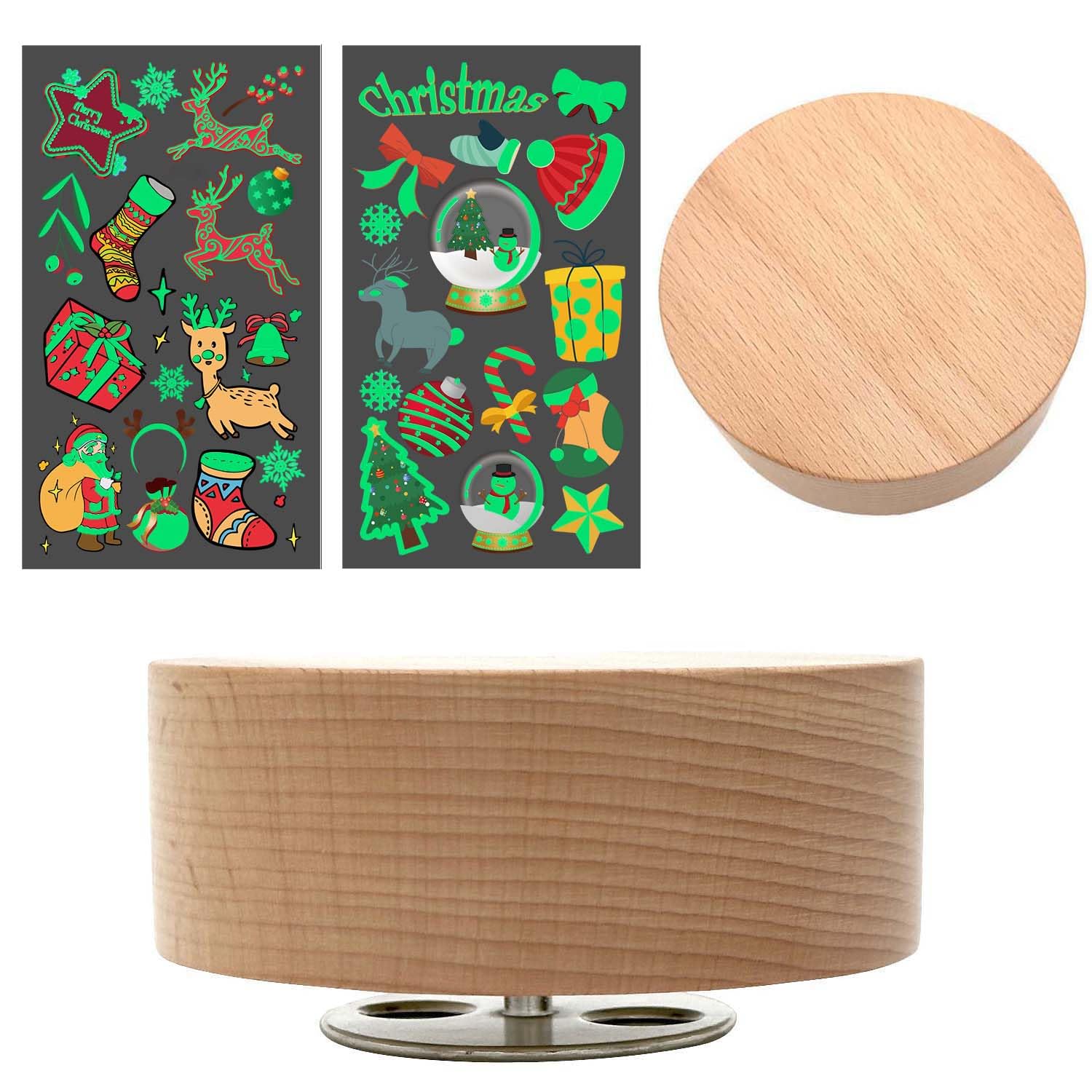 Pursuestar Jingle Bells Rotating Music Box with Tattoos Stickers, 10cm Round Solid Wood Wind Up Musical Gift for Women Girls Christmas Desktop Display