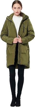 Orolay Women's Stylish Down Hooded Jacket with Two-Way Zipper Winter Down Coat Puffer Jacket A-line Coat