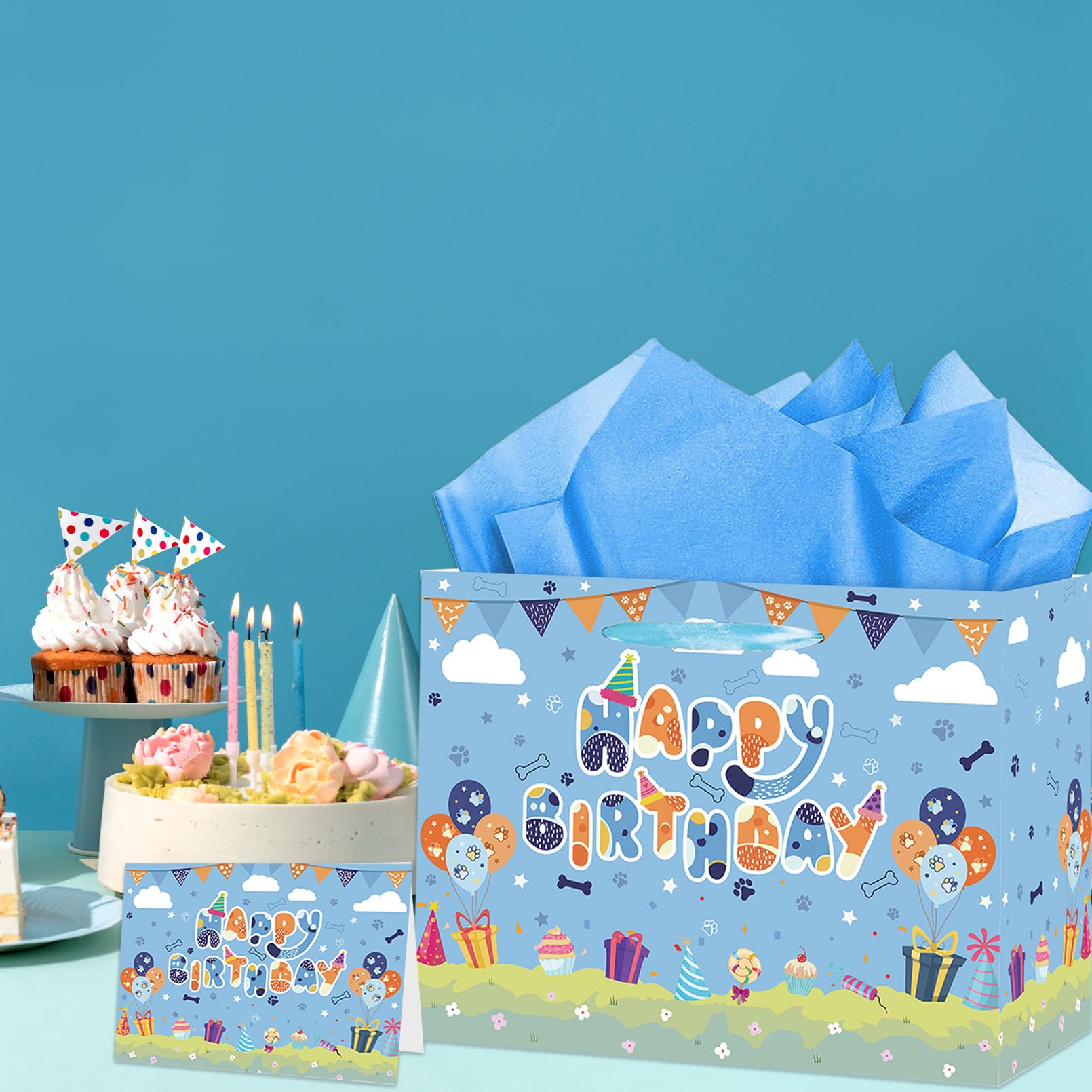 HZRNNA Blue Paw Print Gift Bag, Large Dog Birthday Gift Bag with Tissue Paper and Card, Dog Themed Birthday Decorations for Boys, Newborn, Baby Shower Party Supplies