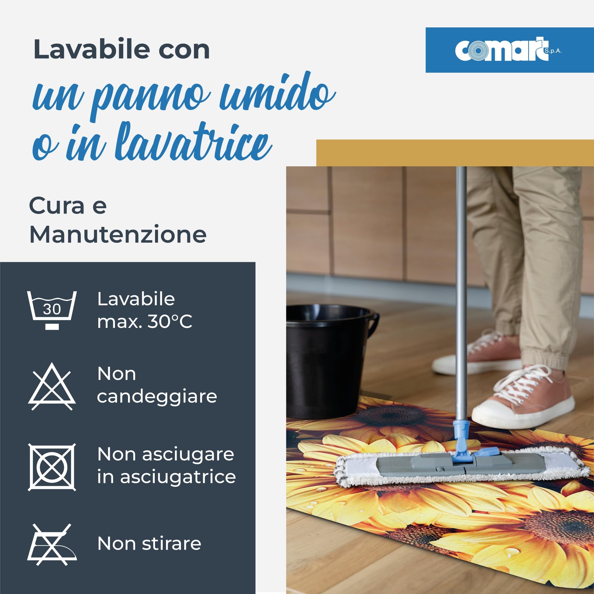 Comart - Tappeto Cucina Austin - Impermeabile - Antiscivolo - Antimacchia - Lavabile in Lavatrice - Passatoia in Poliestere - per Corridoio e Cucina - Made in Italy - Fiori Girasoli - 50x130 cm