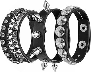 3 Pieces Leather Punk Bracelet for Men Women Retro Spiked Studded Bracel...