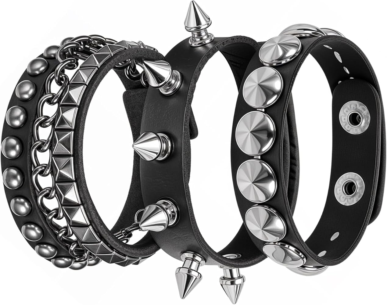 Amazon.com: 3 Pieces Black Leather Studded Punk Bracelet for Men