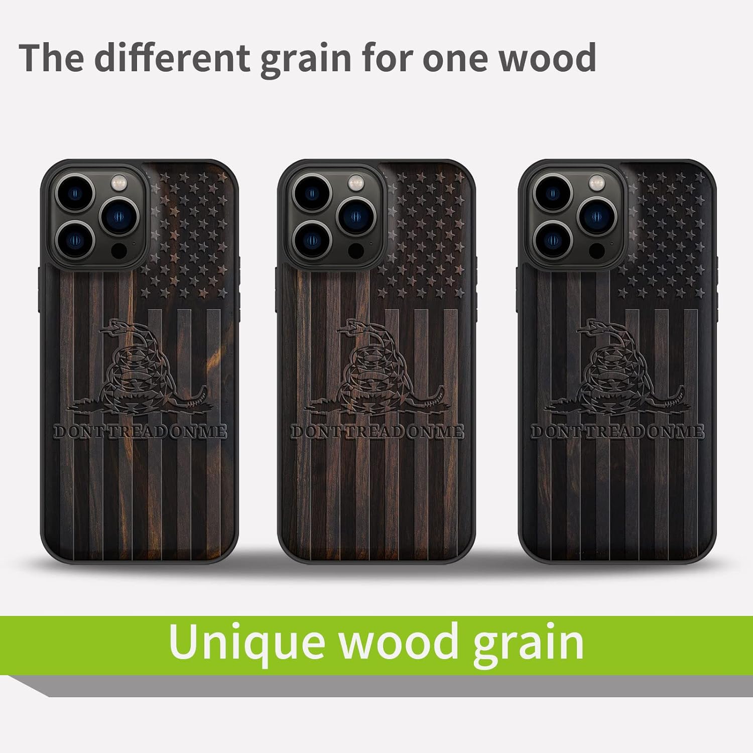 Carveit Magnetic Wood Case for iPhone 13 Pro Max [Natural Wood & Soft TPU] Unique Wooden Shockproof Protective Cover Compatible with MagSafe (Gadsden and American Flag -Blackwood)
