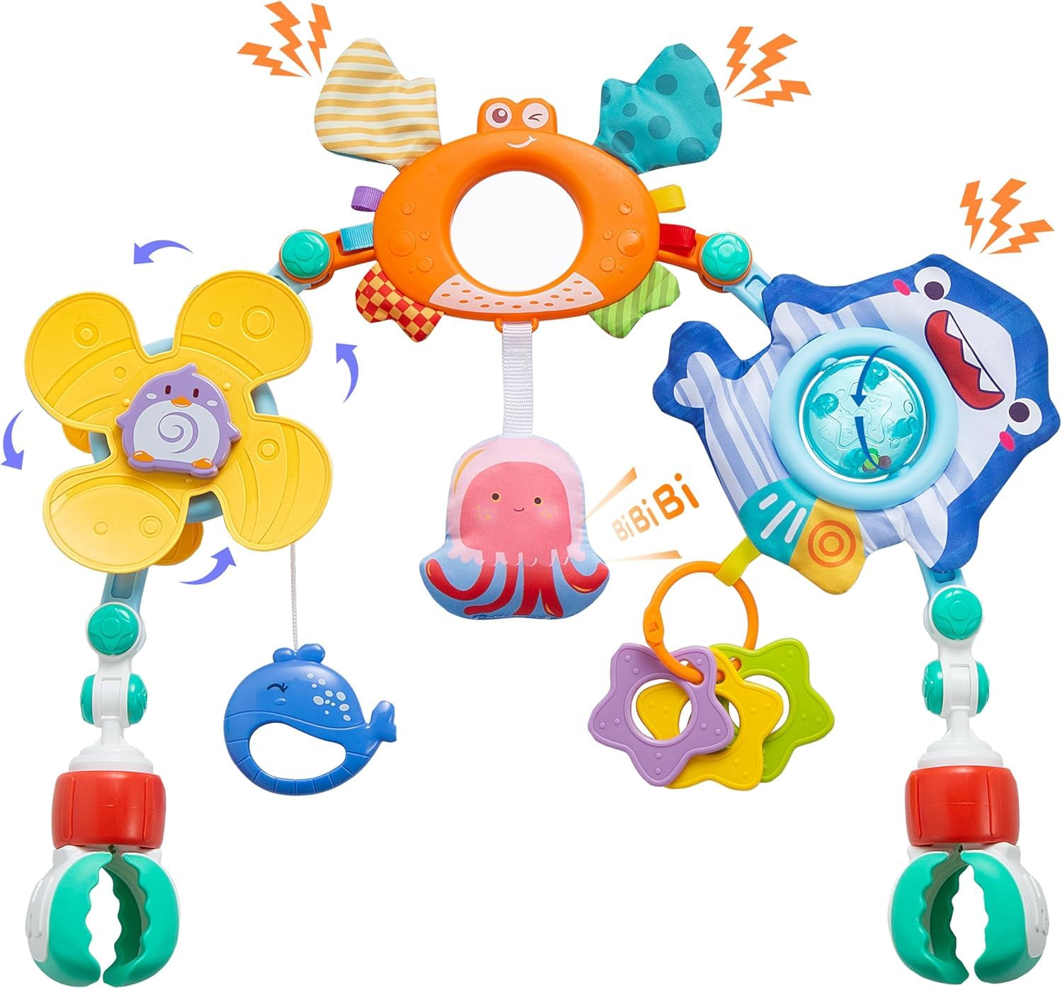 Arco Passeggino, Gioco Passeggino Neonato, Arco da Viaggio per Culla con Sonaglio, Regolabile e Pieghevole, Giocattoli Sensoriali per Buttafuori, seggiolino Auto (Arancia)