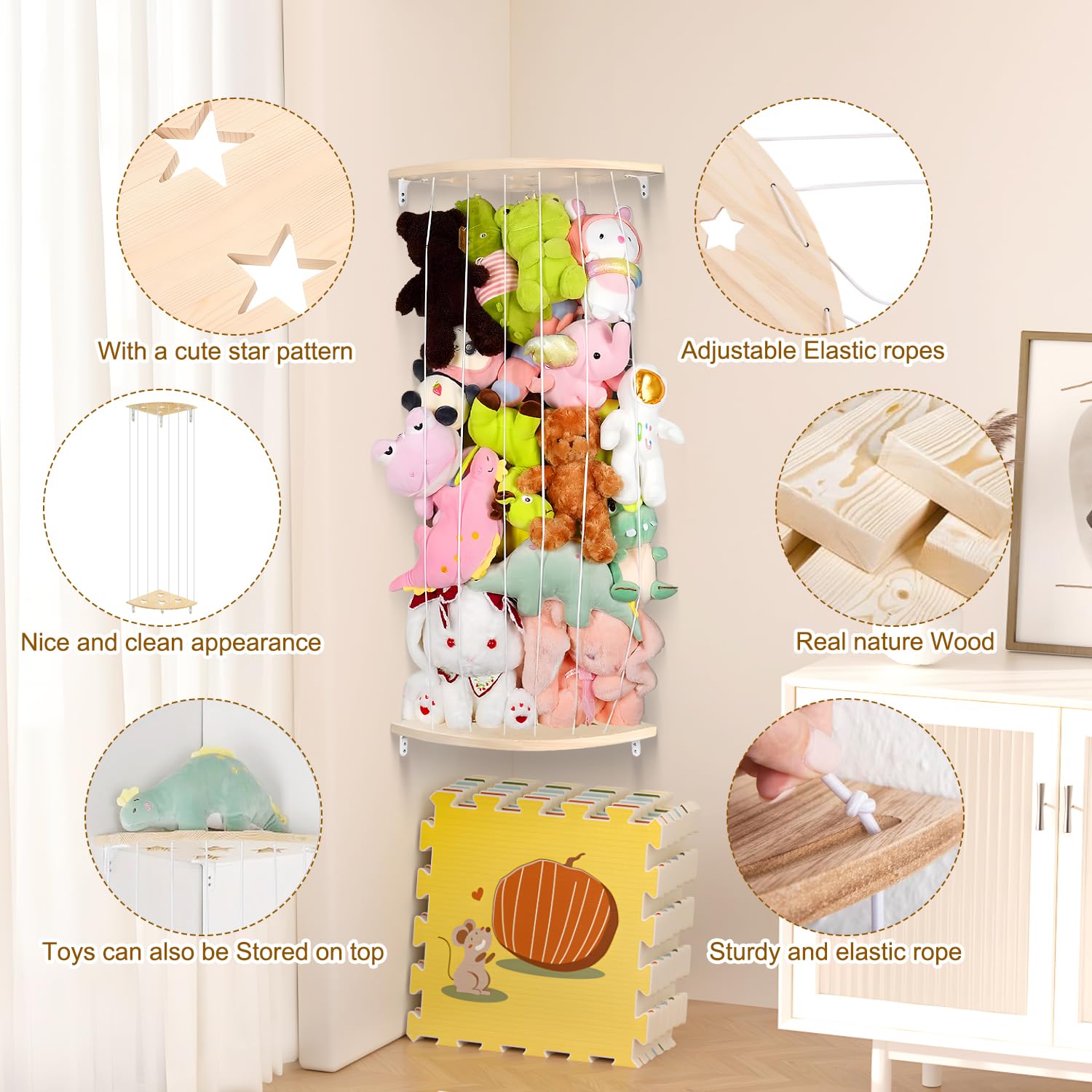 1 Pièce Rangement Peluche en Bois Pentagramme Range Peluche d'angle Suspendu Rangement Jouet pour Ranger les Peluches les Jouets les Poupées Chambre à Coucher Salon Salle de Jeux Gain de Place