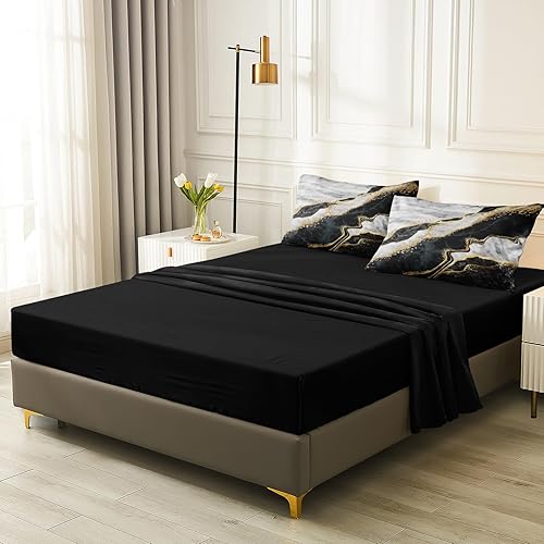 Miniatura 5 de Merryword Juego de edredón de mármol blanco y negro de 8 piezas, ropa de cama en una bolsa, ropa de cama con diseño de mármol metálico dorado con 1