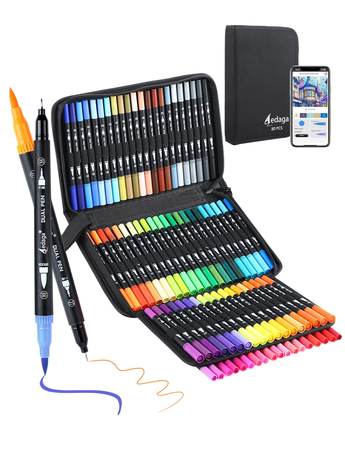 AEDAGA 80 Colors Numbered Dual Tip Brush Pens with Free App, Fine and Brush Tips Pens for Adults, Coloring Markers for Coloring Book Bullet Journaling Note Taking Planner Hand Lettering