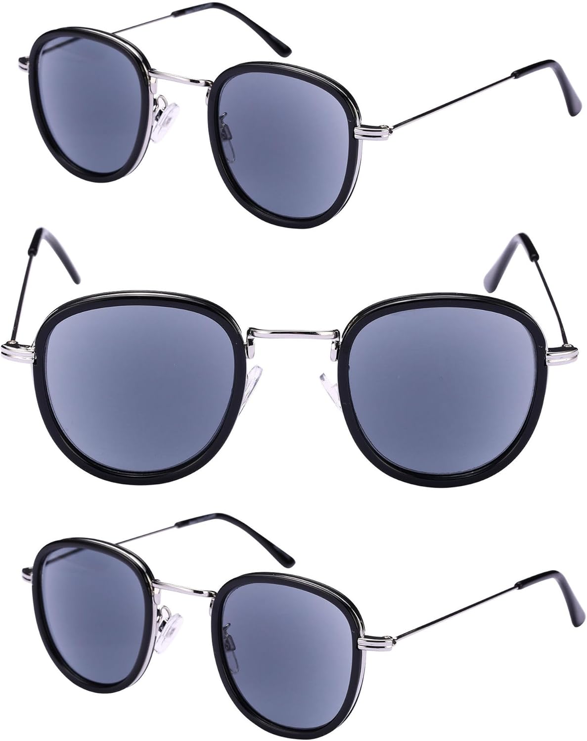 Mass Vision 'The Esteemed' Ultralight Unisex Round Frame Sunglasses + Full Lens Reader (No Bifocal) - UV400 Coverage (3 Pack)
