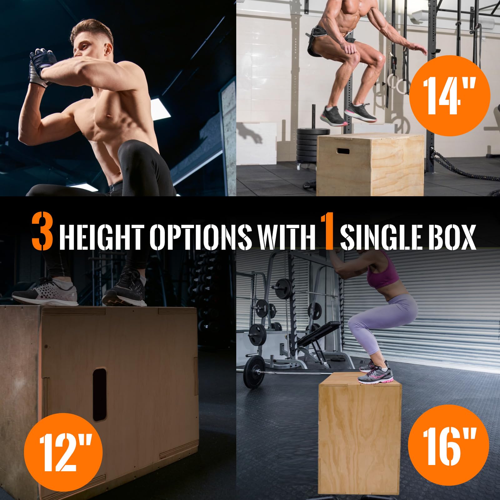 CAELUM Caja pliométrica de madera 3 en 1 – Caja de salto pliométrica antideslizante para el hogar y el gimnasio, caja de lanzamiento de fitness con rodamientos de 400 libras para saltar, sentadillas