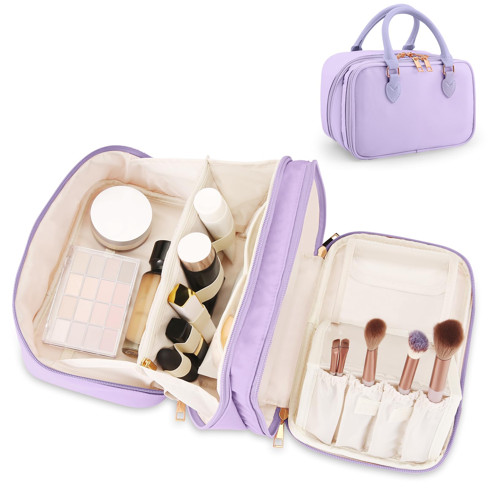 Borsa da viaggio per il trucco da donna, alla moda, di grande capacità, aperta e piatta, organizer portatile, impermeabile, con grande apertura, porta pennelli verticale autoportante per un facile