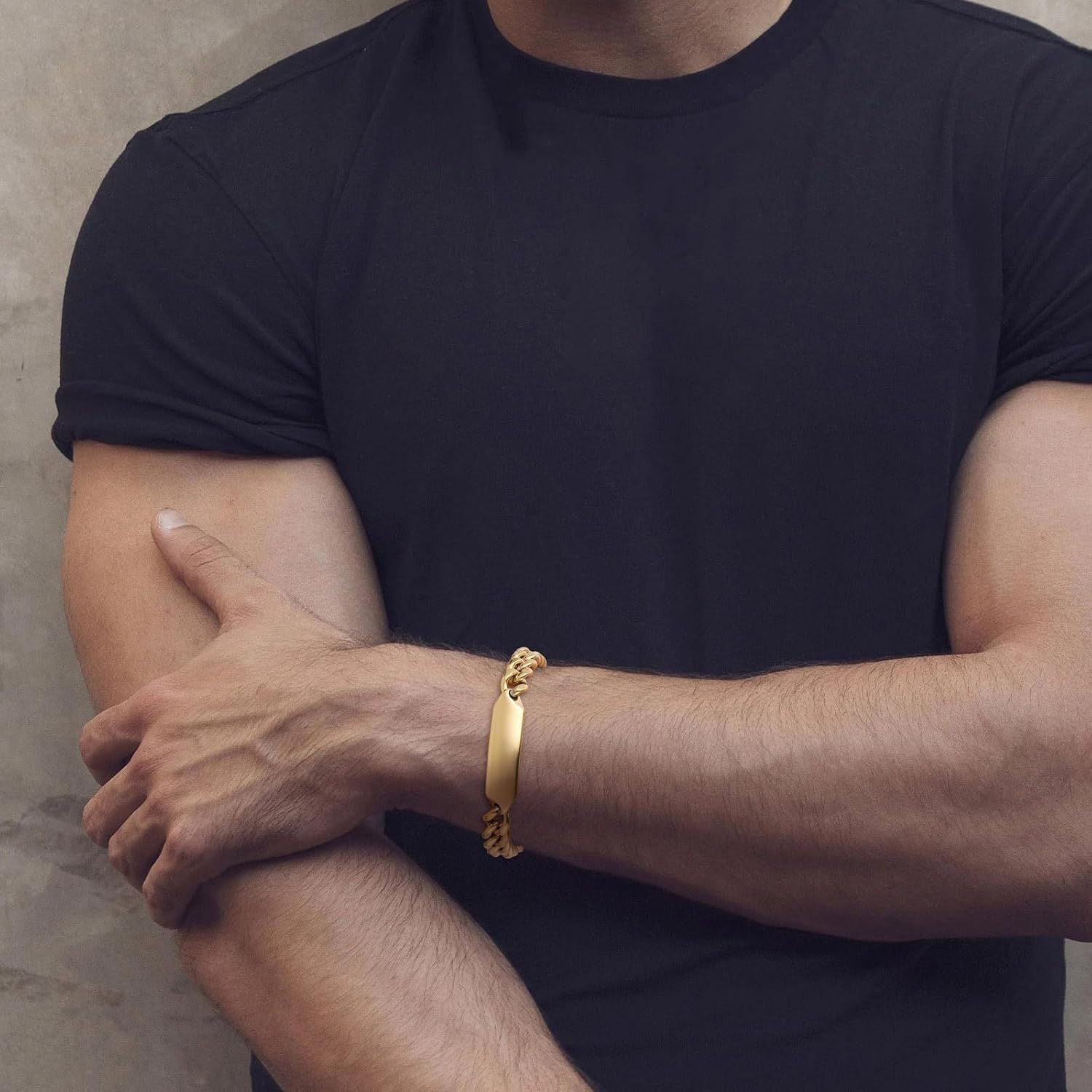 HZMAN Personalized Men's Cuban Link Bracelet with Blank ID Tag for Engraving, 8.5 Inch Gold and Silver Tone Stainless Steel Chain, Dog Tag Style Gift for Him, Husband, Boyfriend - Image 3