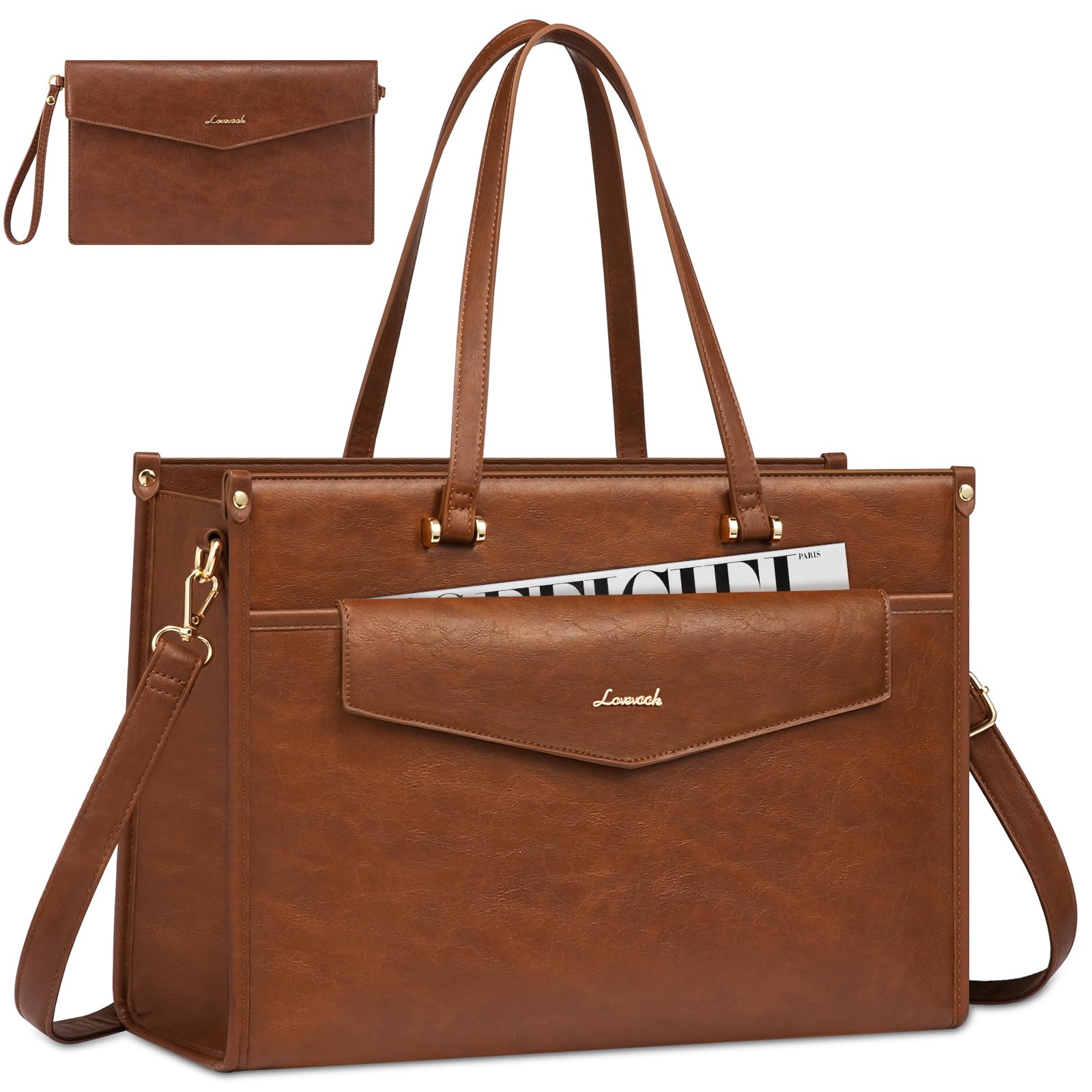 LOVEVOOK Laptop Bag for Women, 15.6 inch Vintage Leather Tote Bag Professional Work Purse for Women, Office Computer Briefcase with Clutch Purse, Business Handbag Shoulder Bag 2PCs