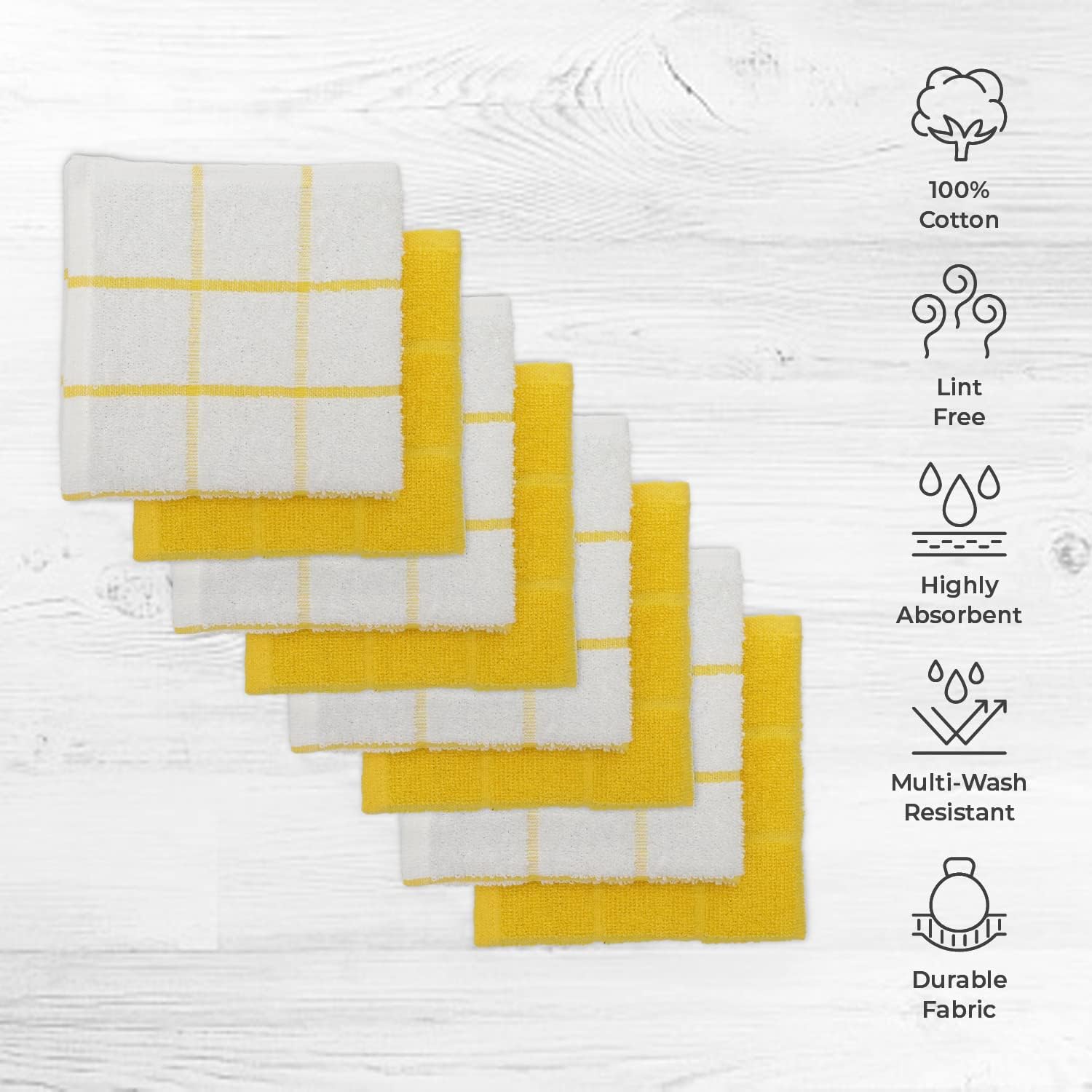100% Cotton Terry Dish Cloth & Dish Towel, 8 Pack, Super Soft and Absorbent Kitchen Towels, Perfect for Kitchen Cleaning and Dish Washing (Yellow (Solid and Checks) 8 Pack) - Image 2