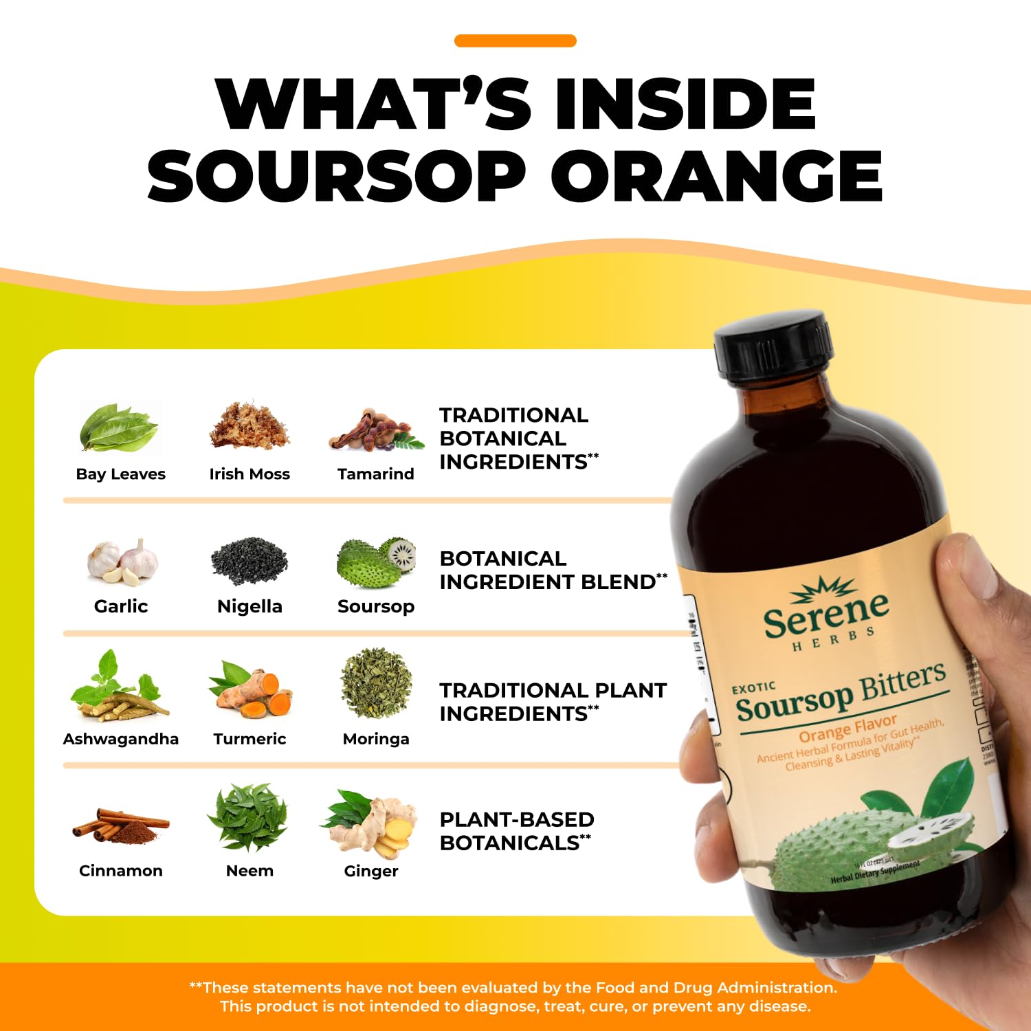 Serene Herbs Soursop Bitters Liquid – Organic Herbal Sour SOP Guanabana with Black Seed, Moringa, Irish Moss & Ginger – Gut Support, Energy & Immune Boost – Vegan, Non-GMO – Orange Flavor – 16 oz — Amazon image 6