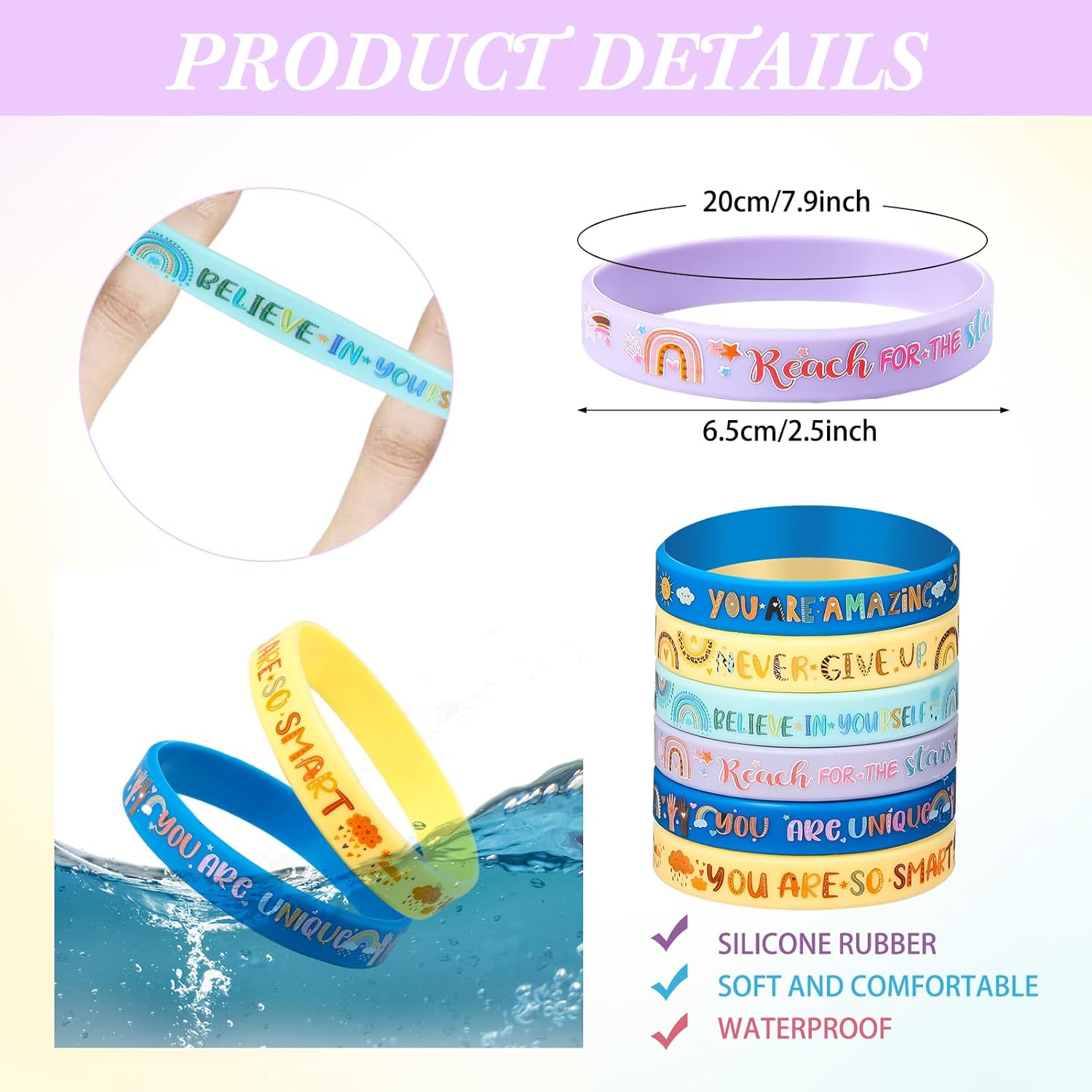 Poen 48 Pcs Motivational Silicone Bracelets Rainbow Inspirational Silicone Boho Wristbands Back to School Gifts for Kids Students Teachers School Classroom Prizes - Image 2