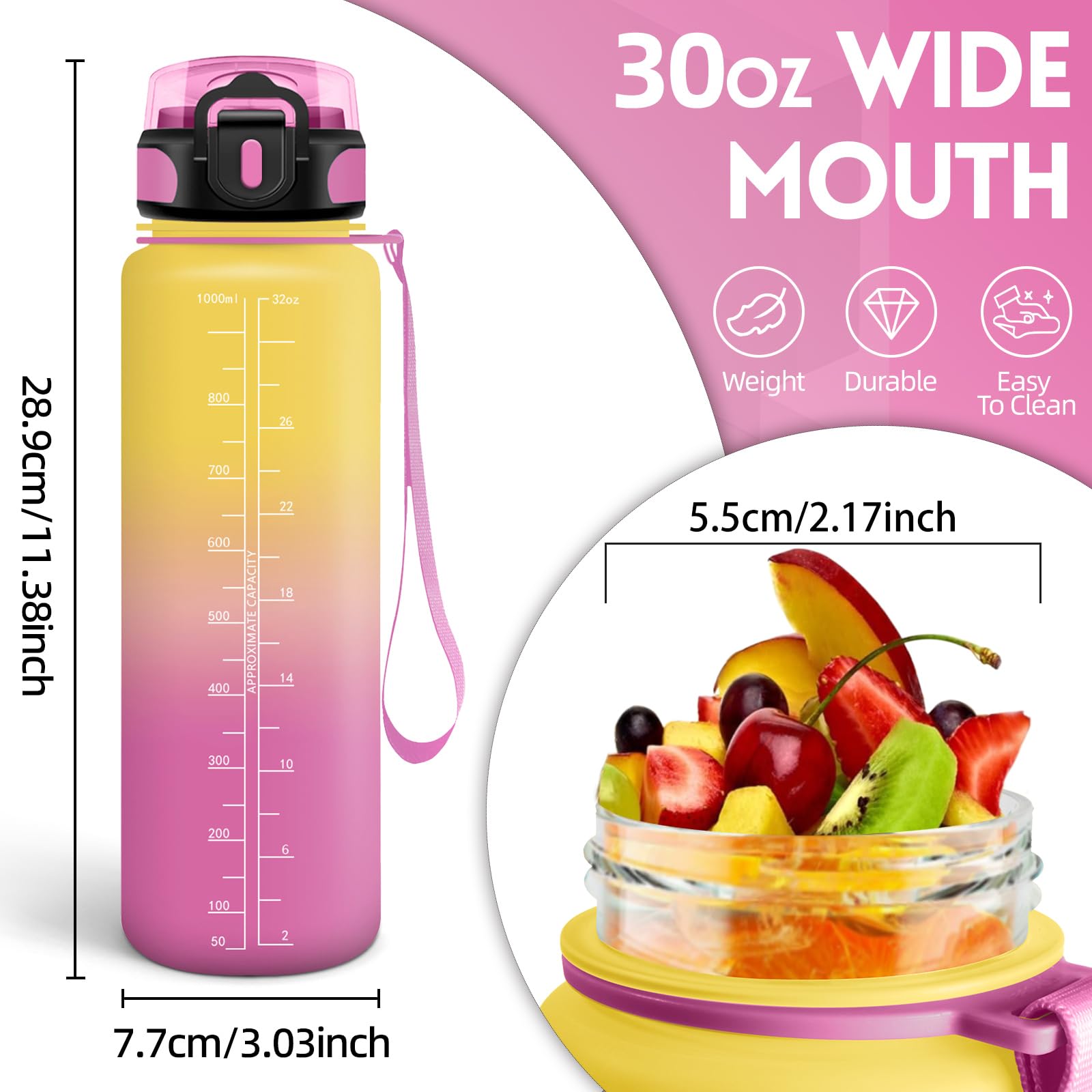 Borraccia, 1000ML Senza BPA, Borraccia Bambini, Design della serratura a prova di perdite, Borraccia Motivazionale, Con marca temporale, Bottiglia Acqua per Yoga, Sport, Scalare Montagne - Giallo Rosa