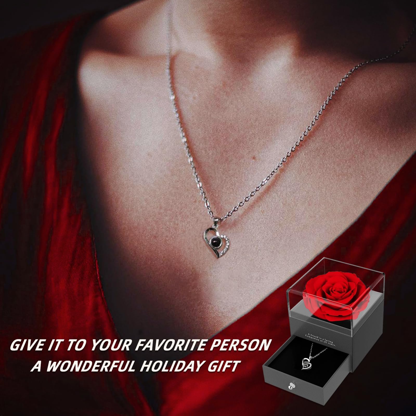 Zynxel Rosa Eterna, Regalos originales para mujer - Día de la Madre, San Valentín, Caja con Flores Estabilizadas, Collar Corazón de Perno, Regalo para Aniversario, Fiestas y Ocasiones Especiales