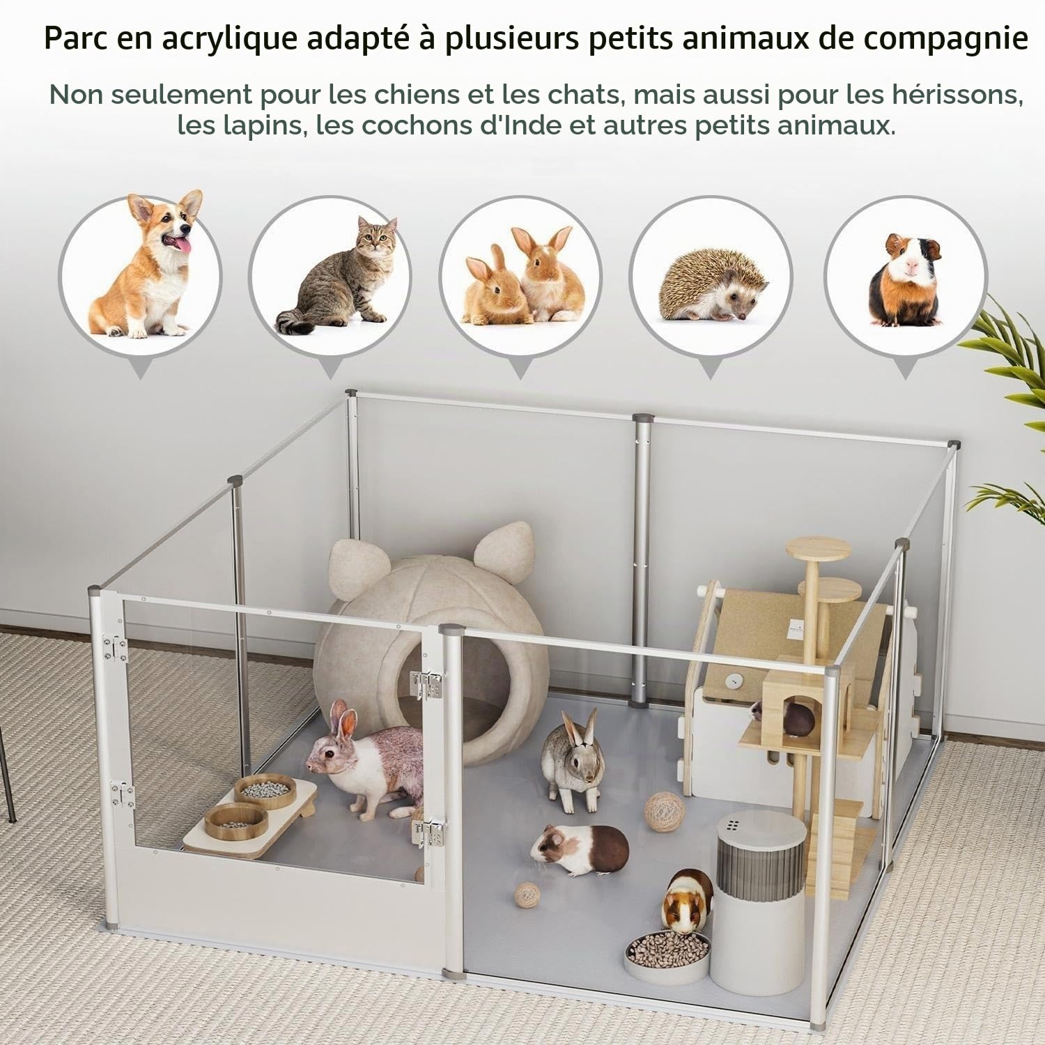 Parc Chien Intérieur Grande Taille: Enclos Grand Chien XXL Extérieur en Métal - Caisse de Mise Bas pour Chiens Chat Lapin en Acrylique 120x120x61cm