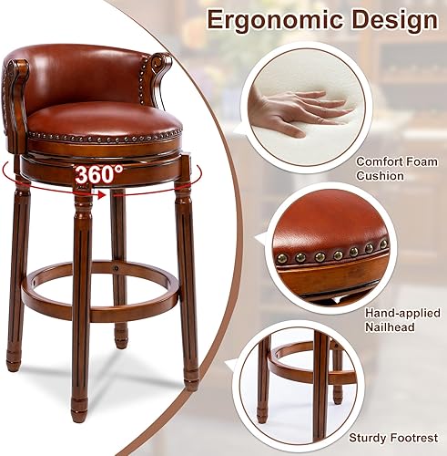 Miniatura 6 de CozyRain Taburetes de bar de madera de goma, taburete de bar tapizado de cuero con respaldo y reposapiés para el hogar, cocina, mostrador, comedor