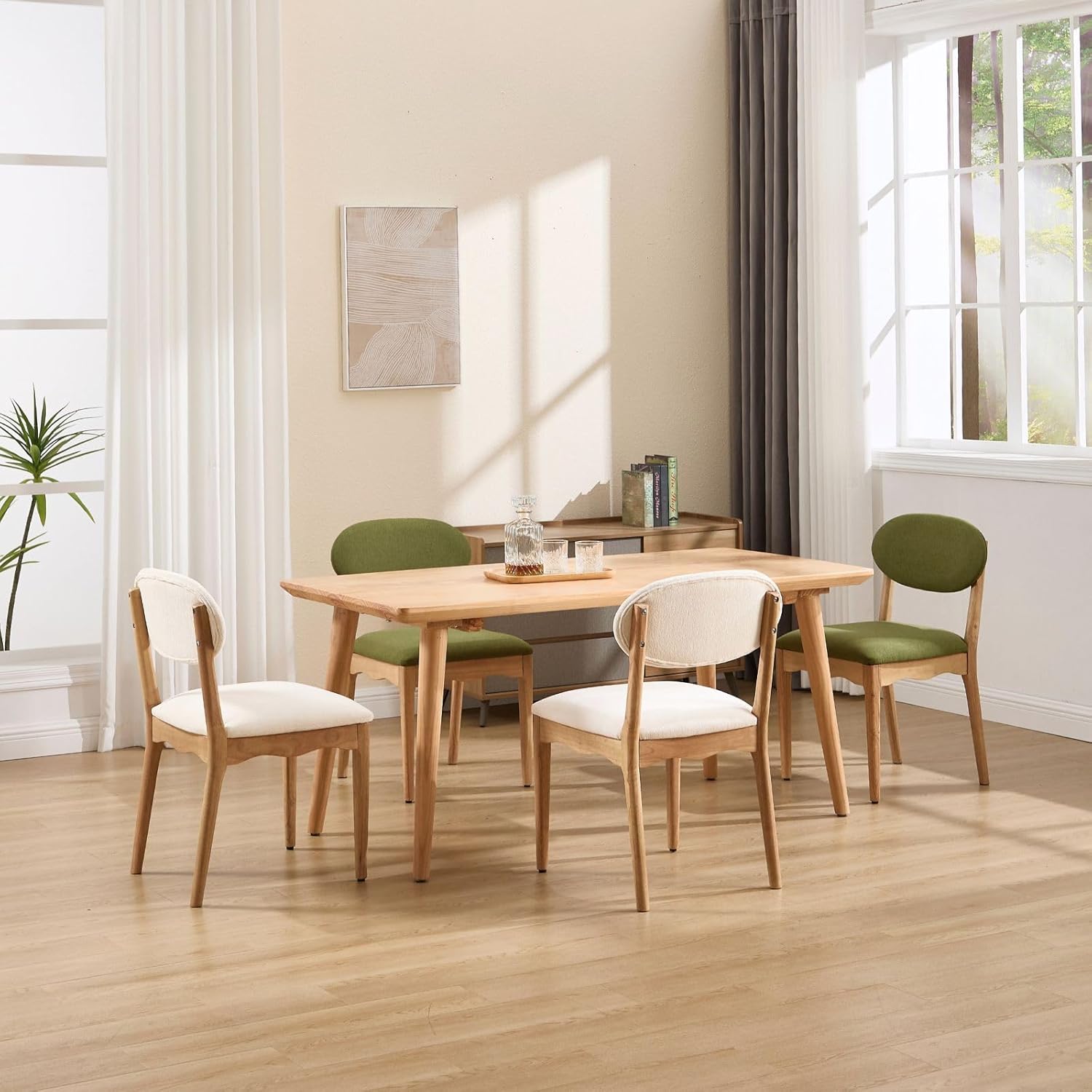 White Dining Chairs Set of 4 Wood Farmhouse Dining Room Chairs Chenille Fabric Armless Kitchen Chairs with Upholstered Cushion, Natural Oak Wood