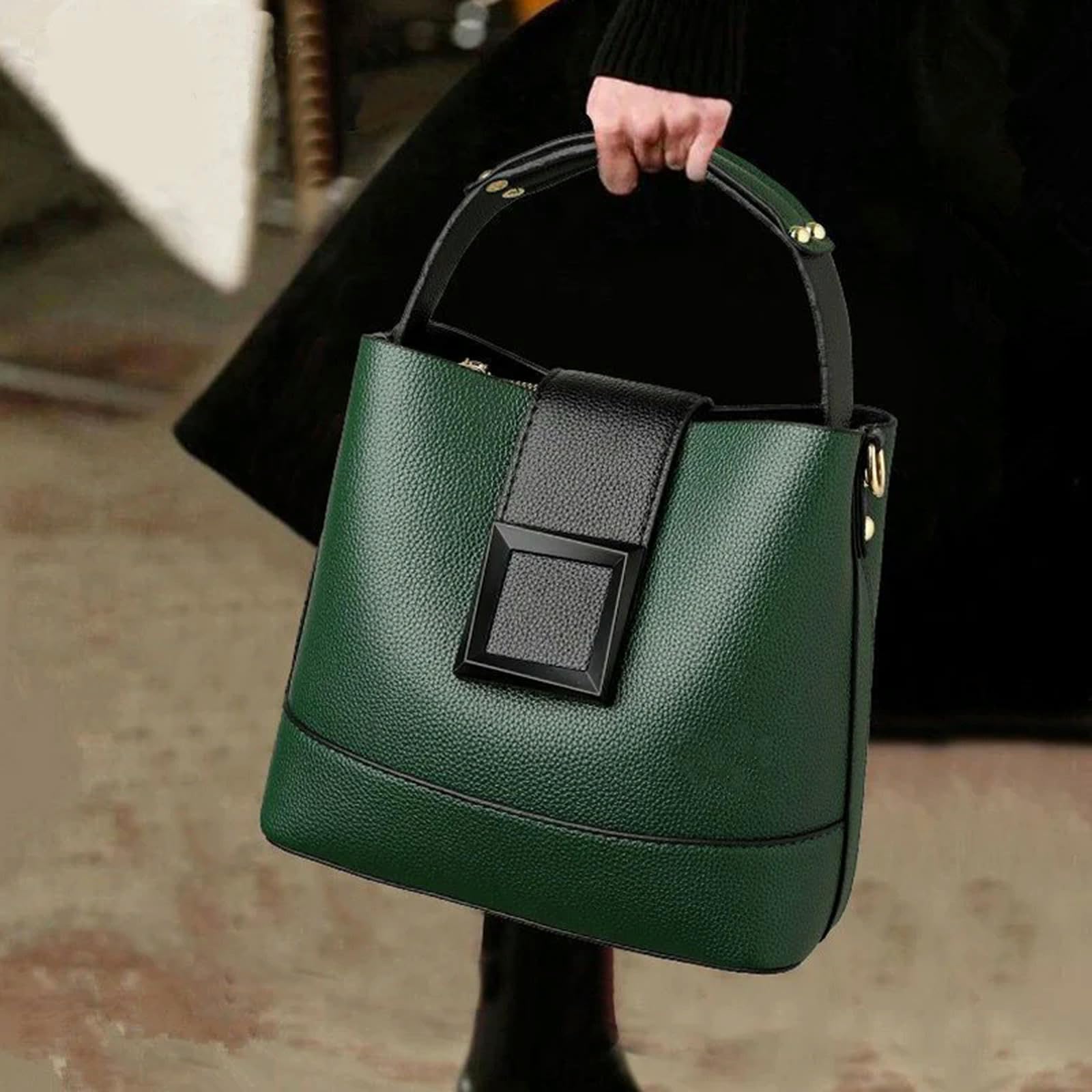 Borse Borsa A Secchiello Elegante in Pelle Pu da Donna - Mano Tinta Unita con Fibbia, Tracolla Convertibile E Tracolla-Rosso