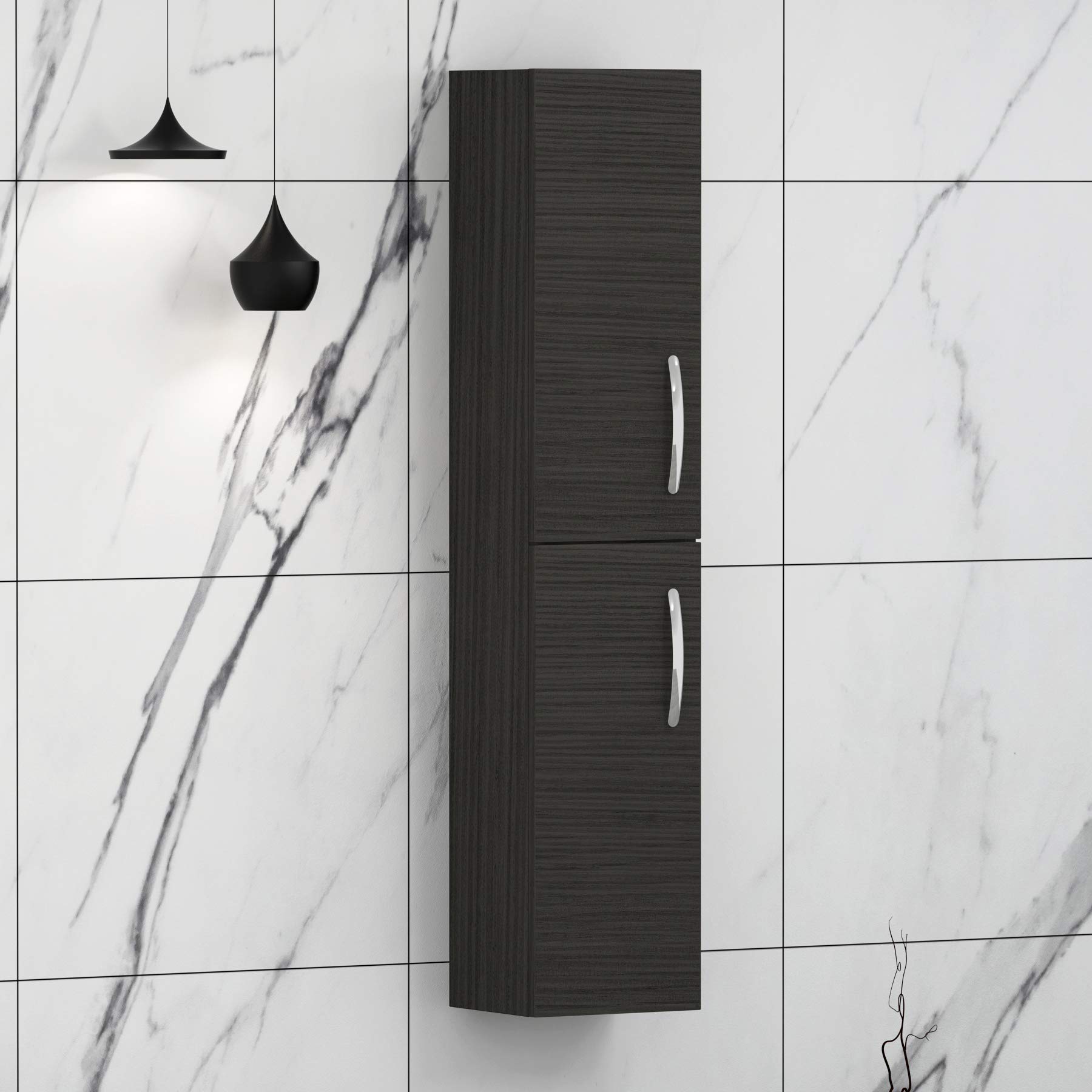 Royal Bathrooms 1450mm Wall Hung 2 Doors Tall Boy Storage Cabinet Unit Bathroom Furniture Set - Hale Black