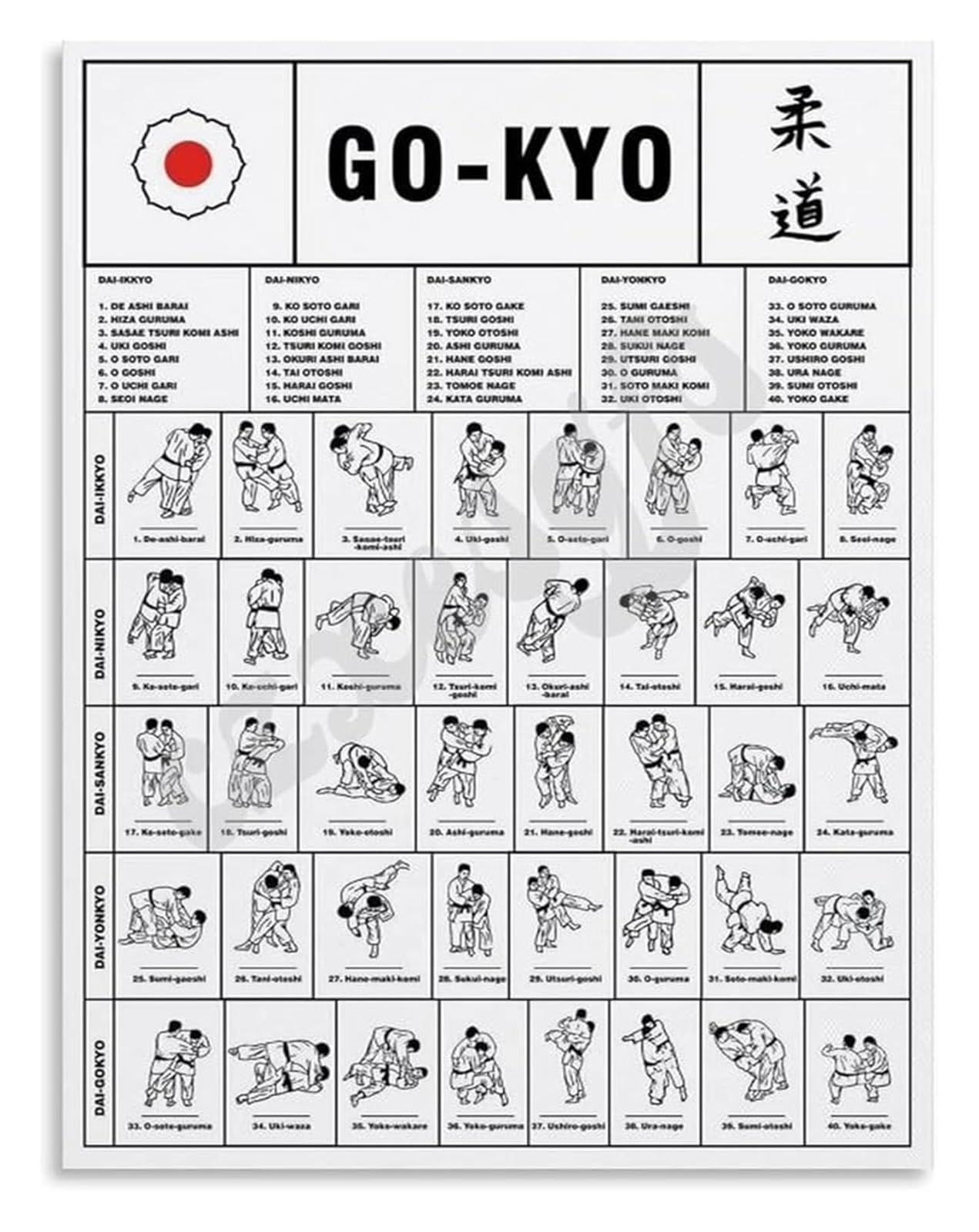 QMKADFQXF Dojo Training Essential Judo Go-Kyo Throwing Techniques Poster Reference Guide for Martial Arts Academy(Framed,08x12inch(20x30cm))
