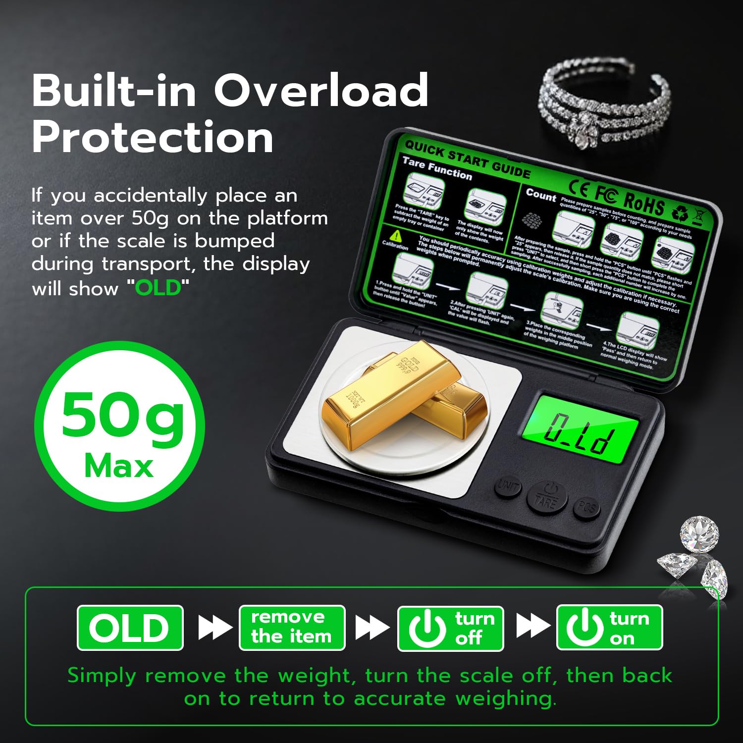 Báscula digital de miligramo de 1.76 oz x 0.00 oz, mini báscula de precisión con función de peso de tara, peso de calibración y pantalla LCD retroiluminada, microbáscula de bolsillo para 8