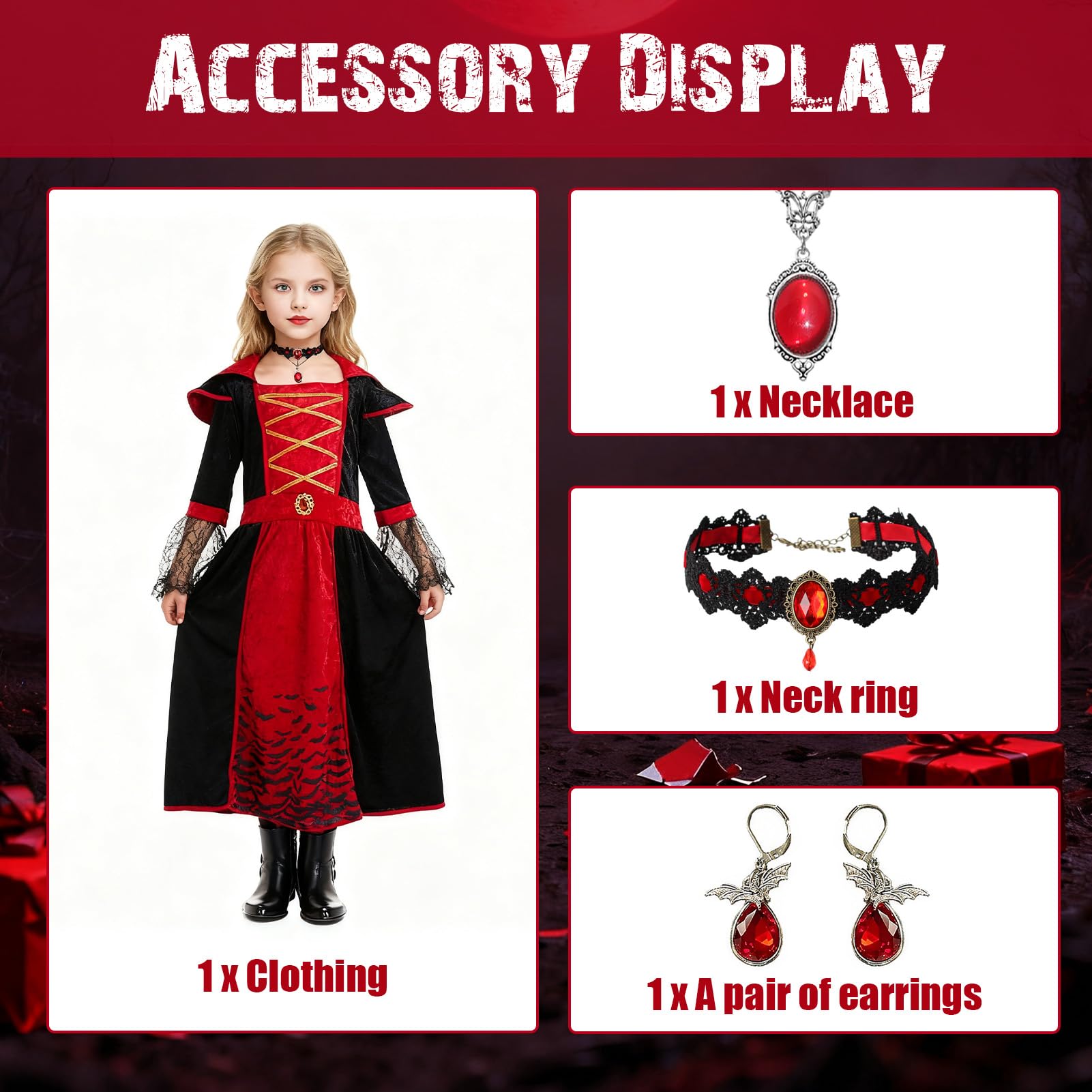 Moerstar Vampire Costume Kids Girls, Halloween Vampire Costume Set including Choker Necklace Earrings - Image 3