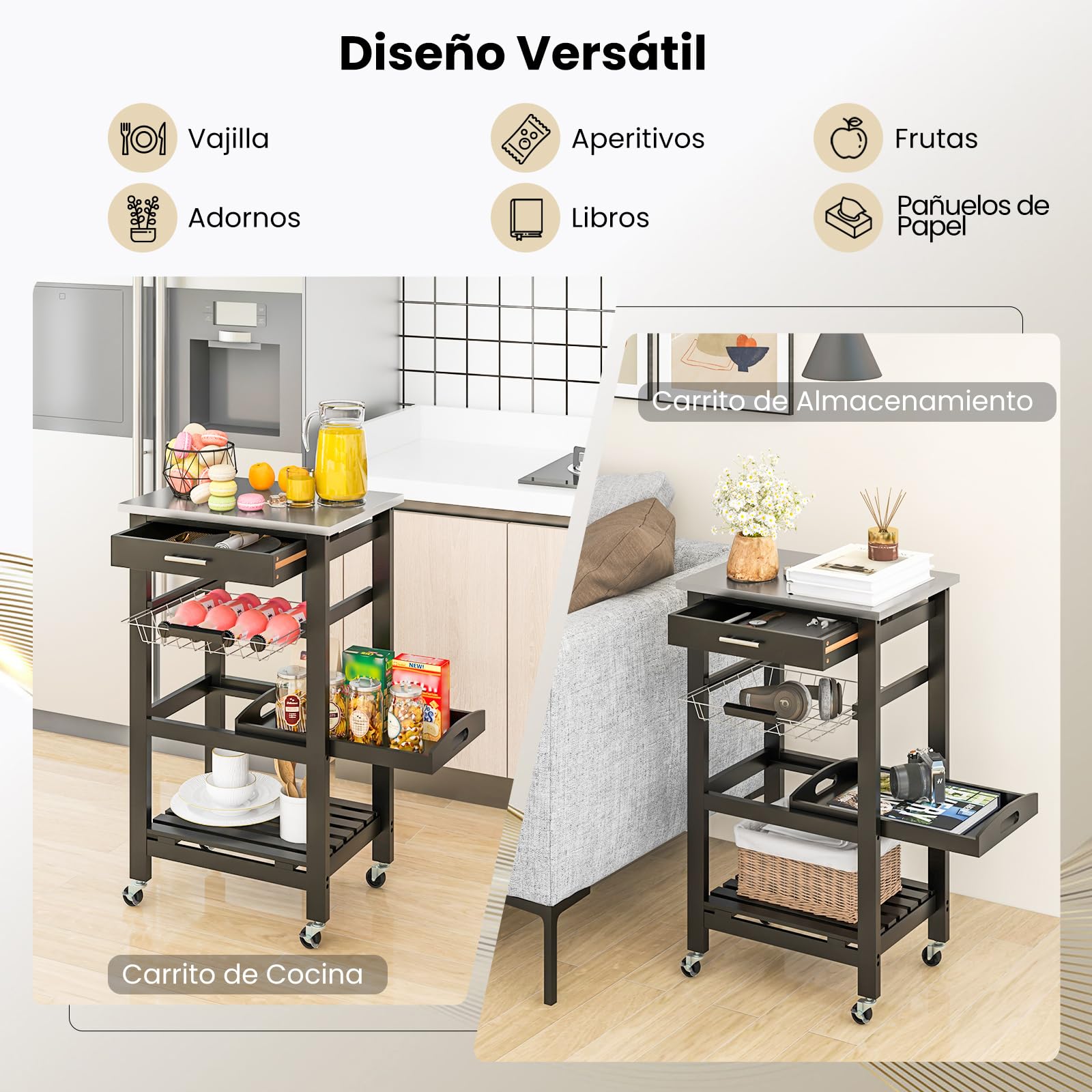 GOPLUS Isla de Cocina con Ruedas, Carrito de Almacenamiento Rodante con Encimera de Acero Inoxidable, Cesta de Alambre Metálico Deslizable, Bandeja para Servir, para Cocina y Comedor (Negro)