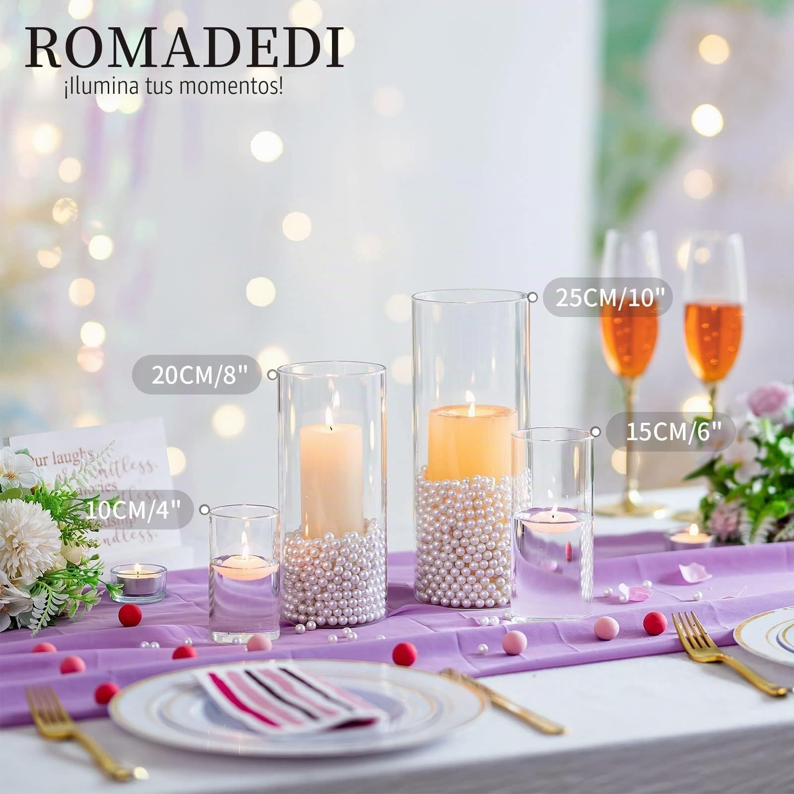 Romadedi Portavelas de cristal para mesa, juego de 6 cilindros de cristal transparente, 15/20/25 cm | Tarros para velas flotantes, para boda, comedor, fiesta, sala de estar, exterior