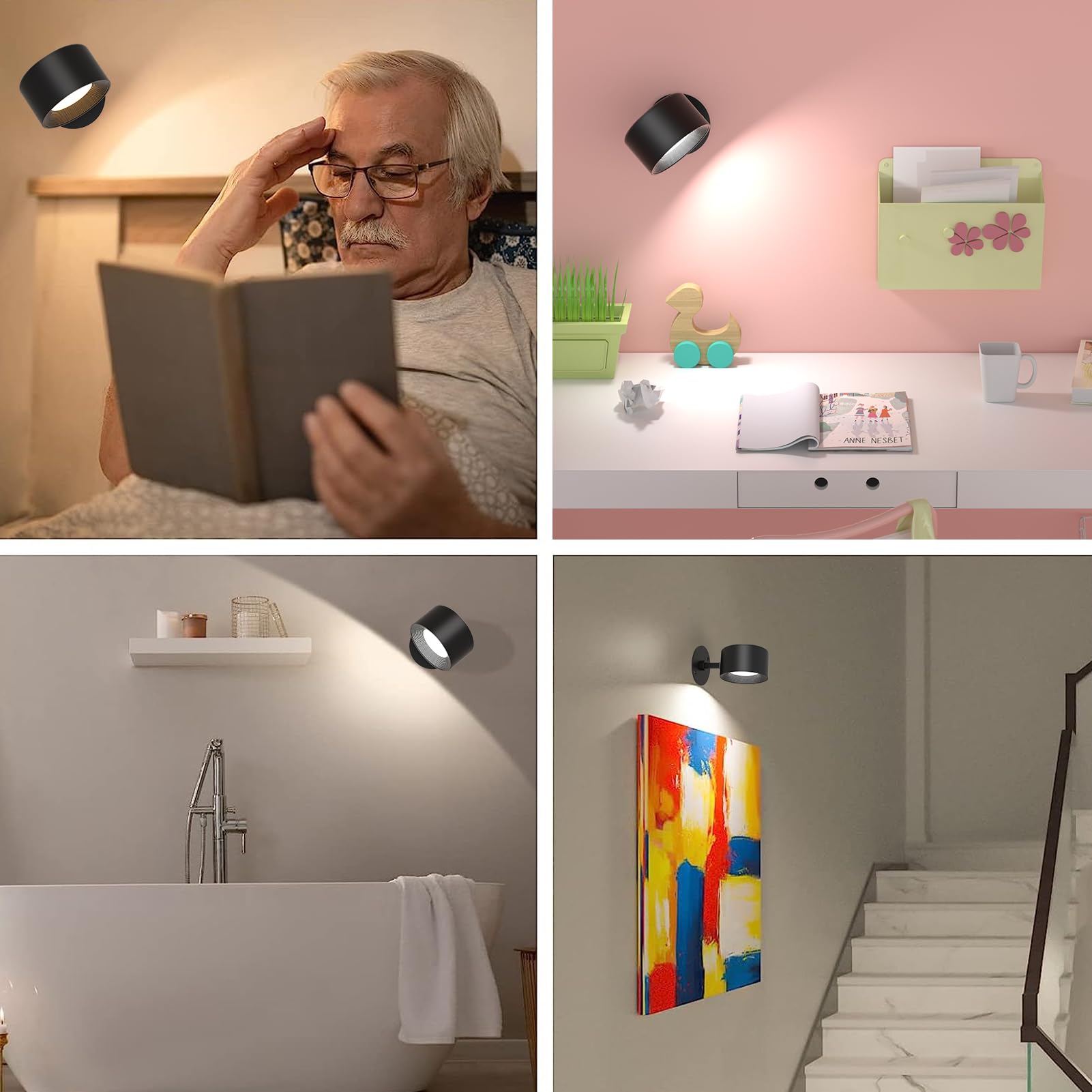 led wandleuchte innen 2 Stück,wandlampe Wandlichter ohne stromanschluss ,4 Helligkeitsstufen 3 Farbmodi Nachttischlampe akku , 360° Drehbare Touch Control Leuchten Für Kinder Wohnzimmer Schlafzimmer