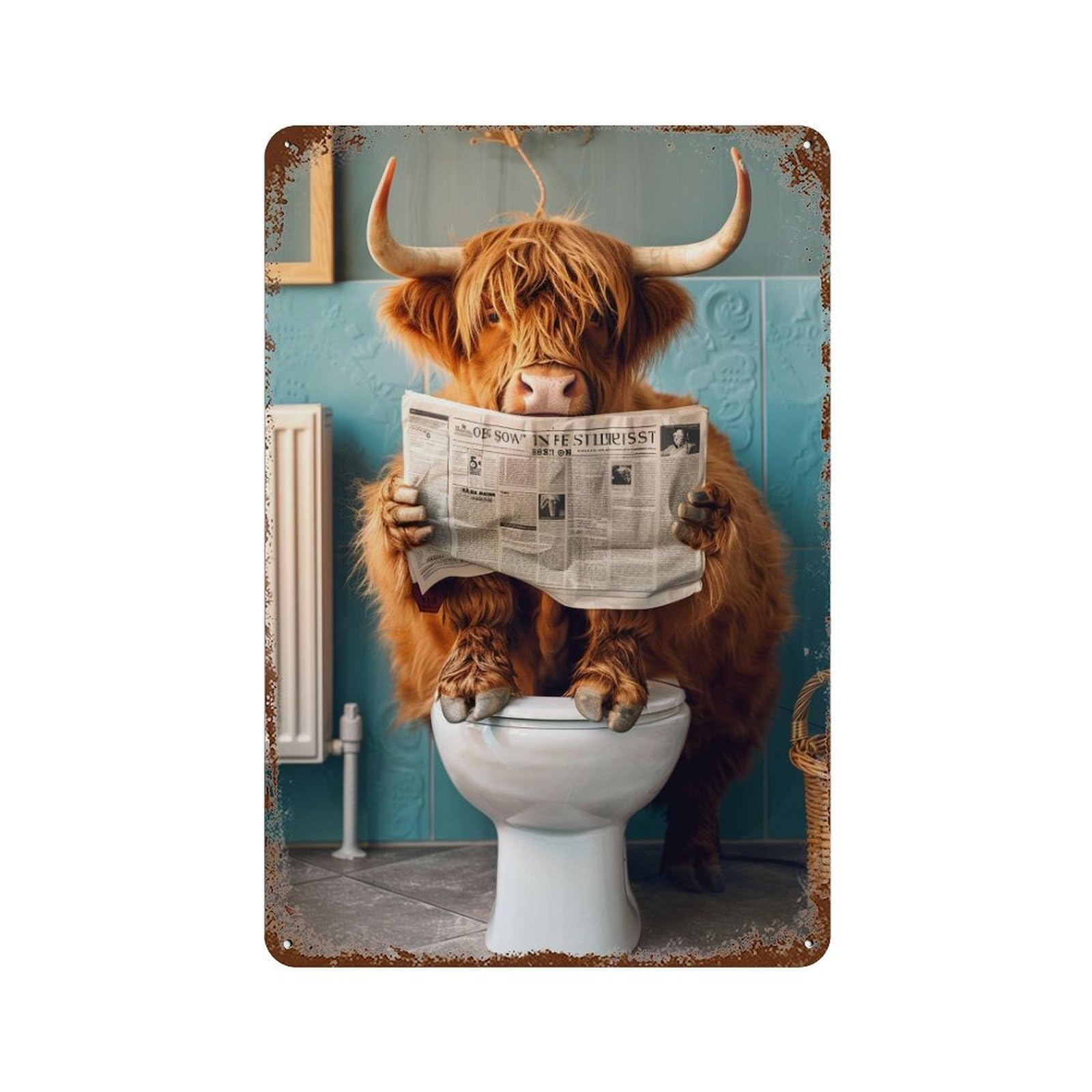 Cow Reading Newspaper on Toilet-5 Retro Metal Sign 11.8"x7.9", for Bistro, Counter And Cafe Decor, Rustic Home Decor