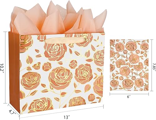 Miniatura 4 de DecorWoo Paquete de 2 bolsas de regalo grandes de oro rosa de 13 pulgadas con tarjeta y papel de seda, bolsa de regalo de flores de aluminio para